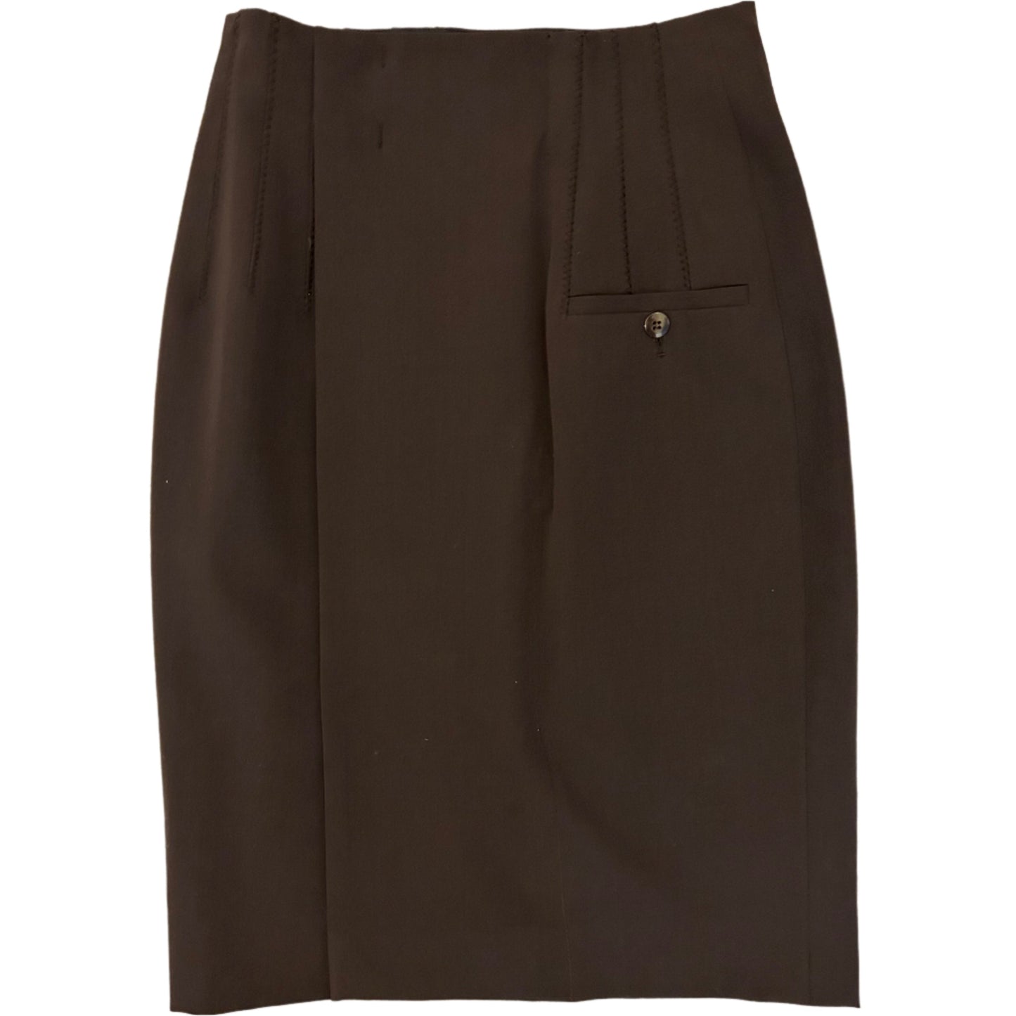 Full front view of the 1993/94 Hiver Re Edition Collection Jean Paul Gaultier wool pencil skirt in dark brown, featuring tailored darts, a single buttoned pocket, and a sleek, structured silhouette. A timeless vintage piece from the renowned designer.
