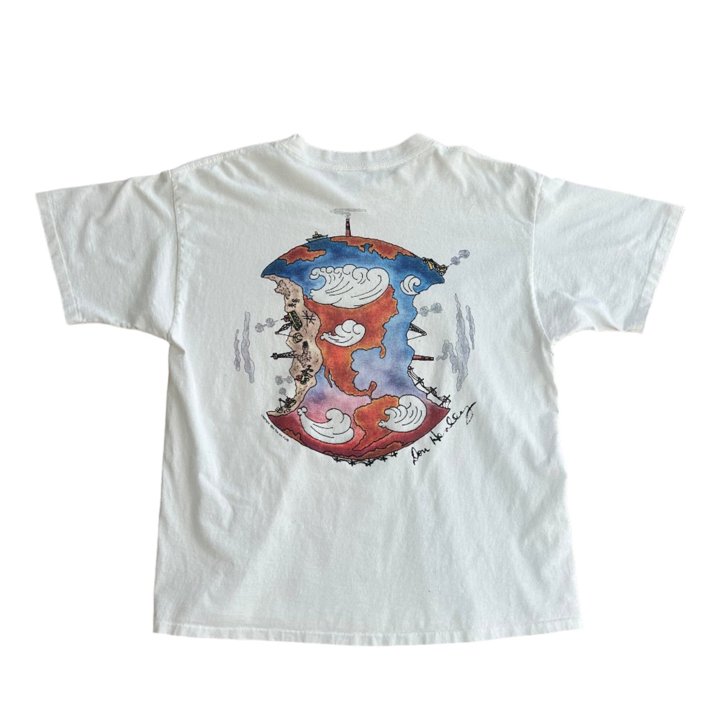 Back view of a 1994 Hard Rock Cafe Don Henley The Eagles Signature Series T-Shirt, featuring a colorful artistic globe design signed by Don Henley. A unique and collectible piece celebrating music and environmental awareness.
