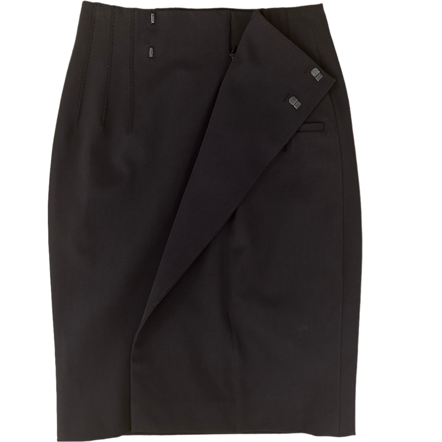 Front view of the 1993/94 Hiver Re Edition Collection Jean Paul Gaultier wool pencil skirt in dark brown, showcasing its structured wrap design and precise tailoring. A timeless piece of haute couture from the iconic designer's archive.
