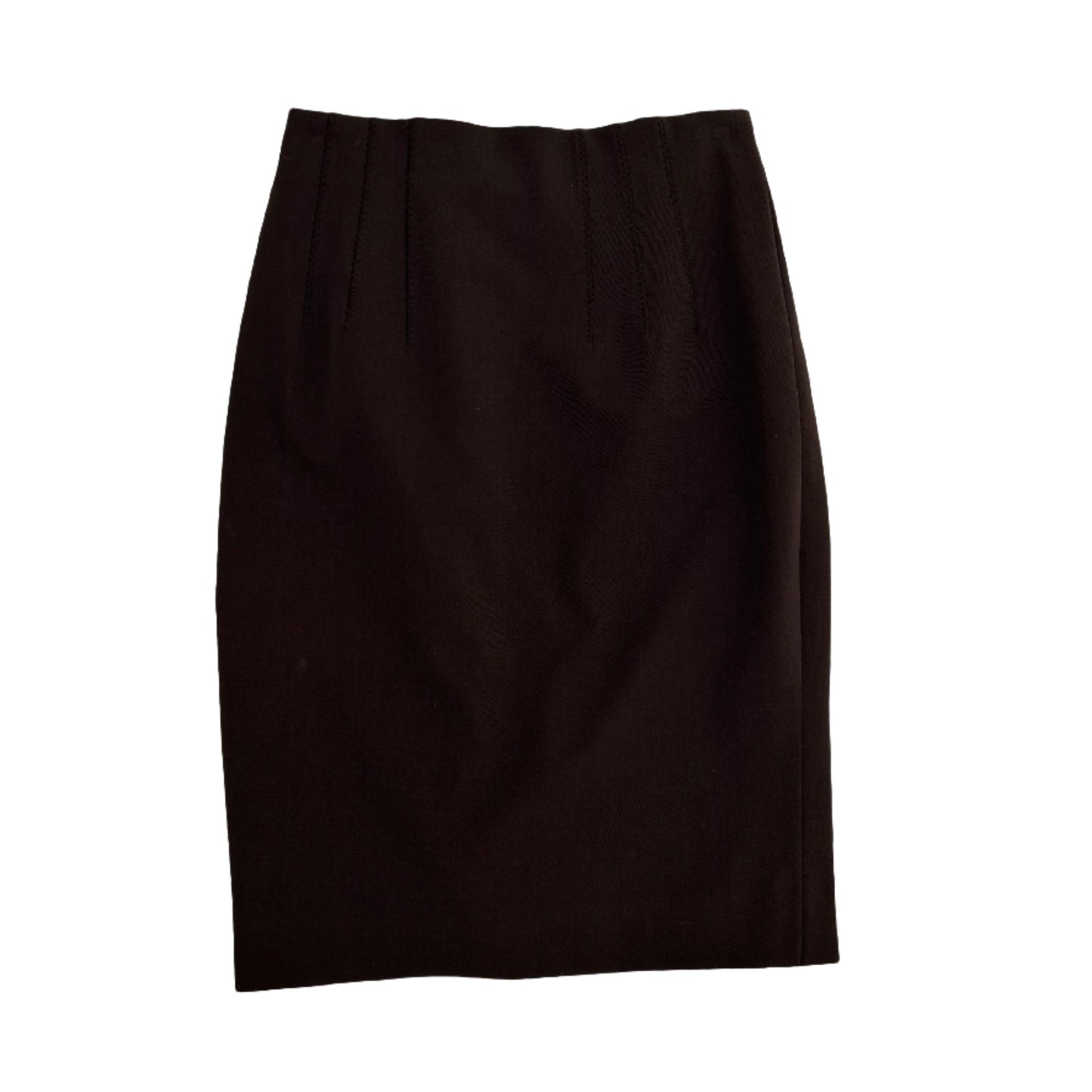 Full front view of the 1993/94 Hiver Re Edition Collection Jean Paul Gaultier wool pencil skirt in dark brown, featuring clean lines, tailored darts, and a minimalist silhouette. A sophisticated piece of vintage haute couture.