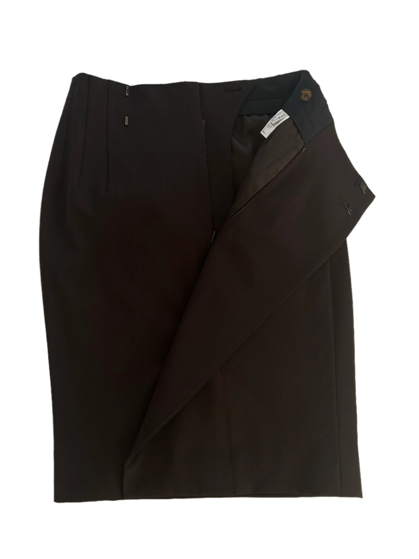 1993/94 Hiver Re Edition Collection Jean Paul Gaultier wool pencil skirt in dark brown, shown partially unfastened to reveal its structured interior and tailored design. A sophisticated and collectible piece from the iconic designer.