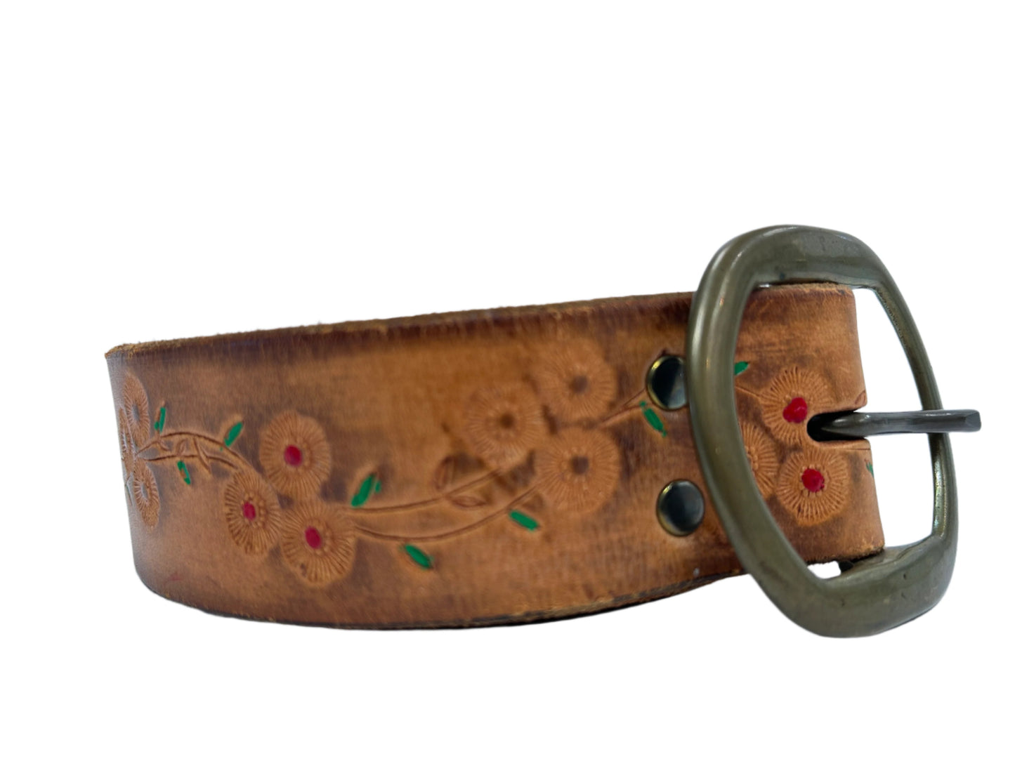 Side view of a 1970s floral belt with embossed flower patterns, green and red detailing, and a sturdy brass buckle, reflecting retro charm and artisanal craftsmanship.