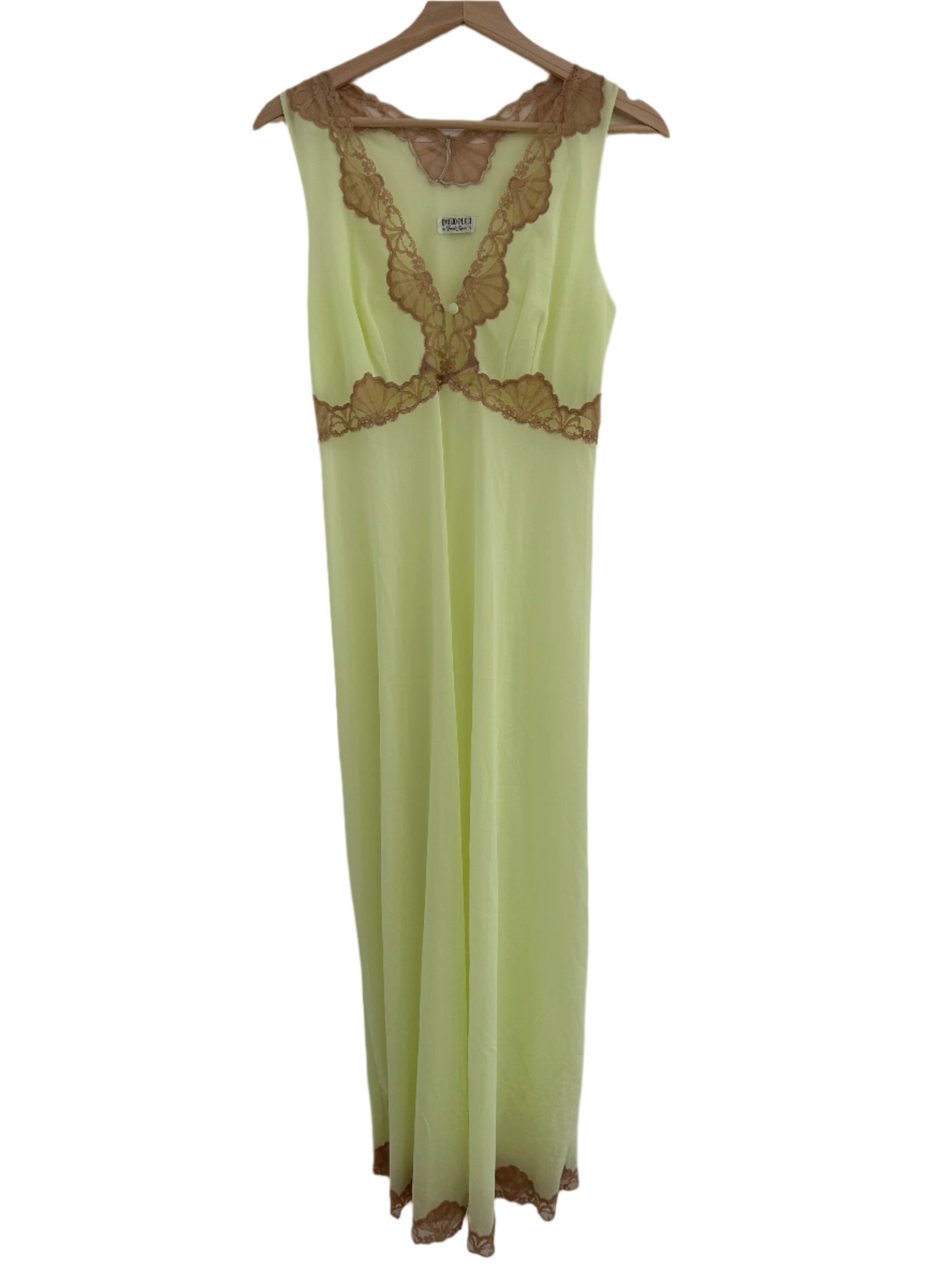 Full-length view of a 1960s Emilio Pucci sheer slip in light green, adorned with intricate brown lace details on the neckline, waist, and hem. A stunning vintage piece that blends elegance, history, and sustainable fashion.