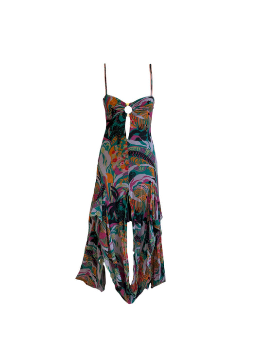 Roccobarocco O-Ring Tropical Ruffle Silk Dress