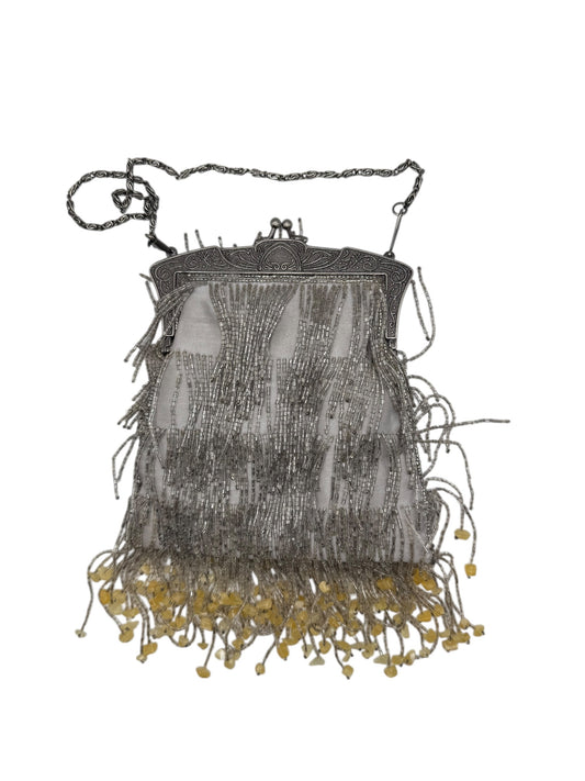 1930s Silver Beaded Art Deco Evening Bag with Carved Frame