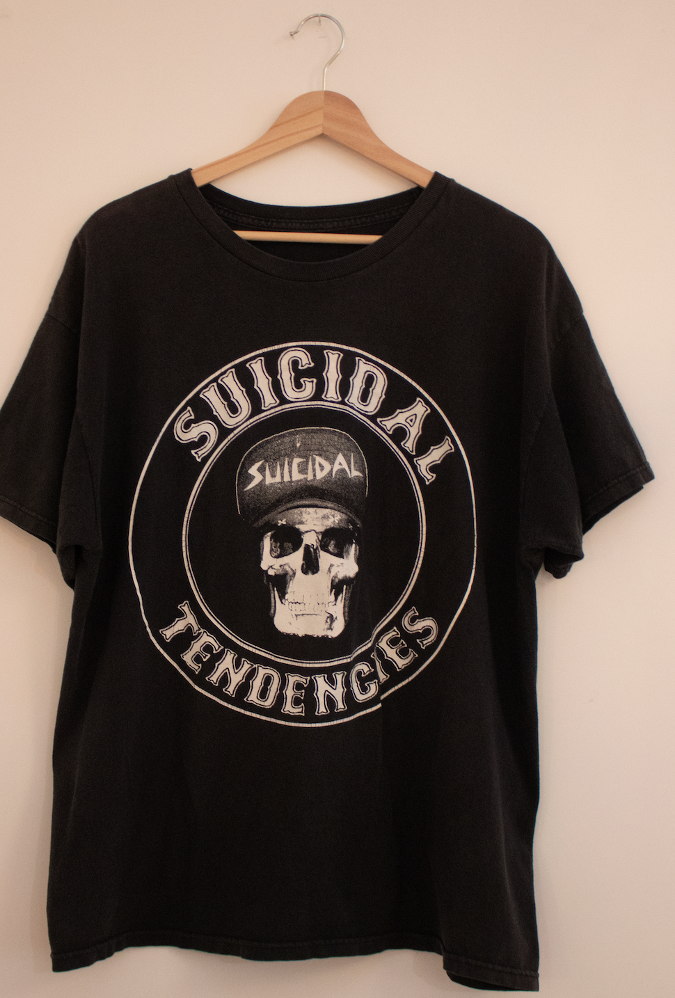 2008 Suicidal Tendencies black graphic t-shirt featuring the iconic skull logo and bold band name, showcasing classic punk rock style and vintage band merchandise appeal.