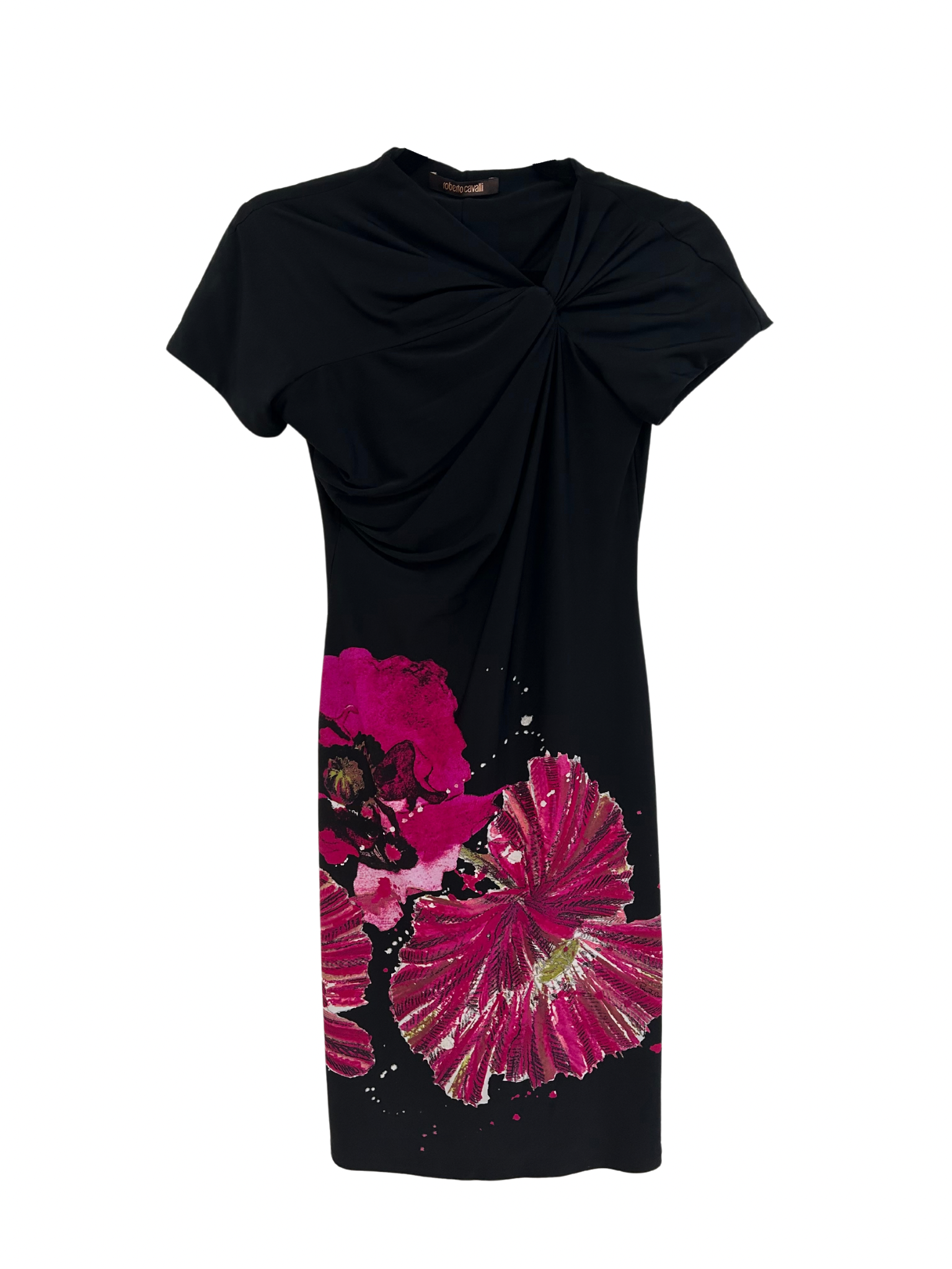 Front view of the most beautiful, mint condition Asymmetric neckline 2008 Roberto Cavalli Nylon/Elastane dress. With the Floral details expertly showing Cavalli's signature craftsmanship.