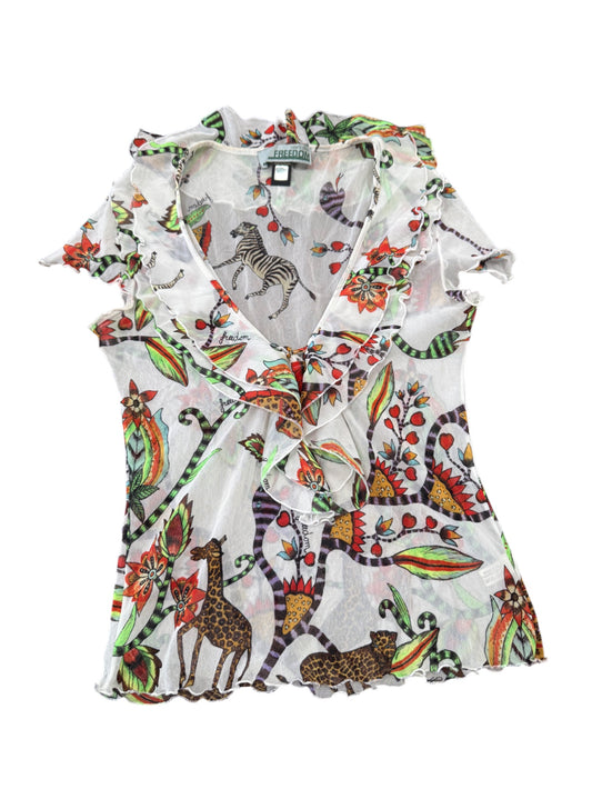 Freedom by Roberto Cavalli Jungle Print Ruffle Mesh Top