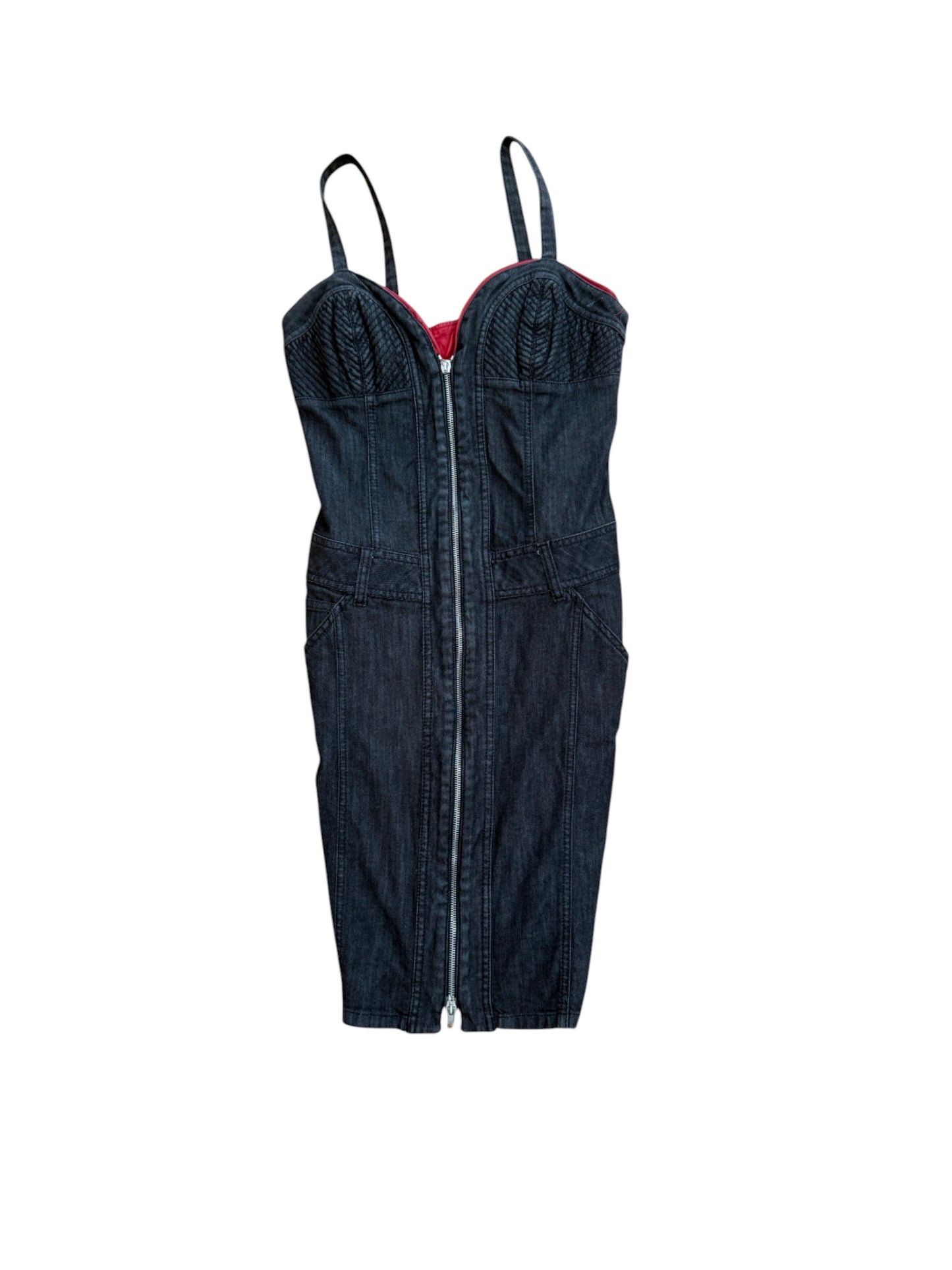 Moschino Red Leather Trim Denim Moto Dress