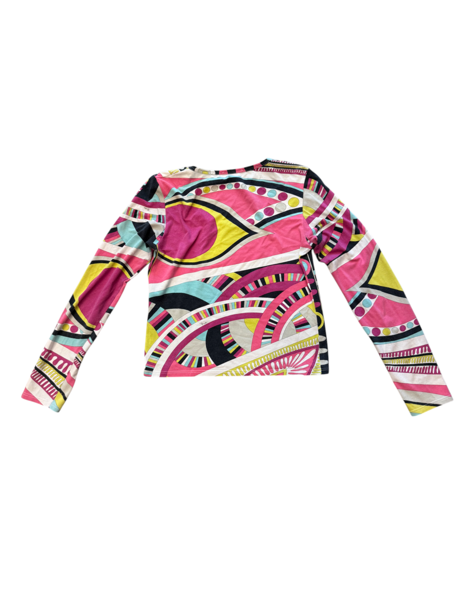 Colorful patterned long-sleeve shirt on a white background