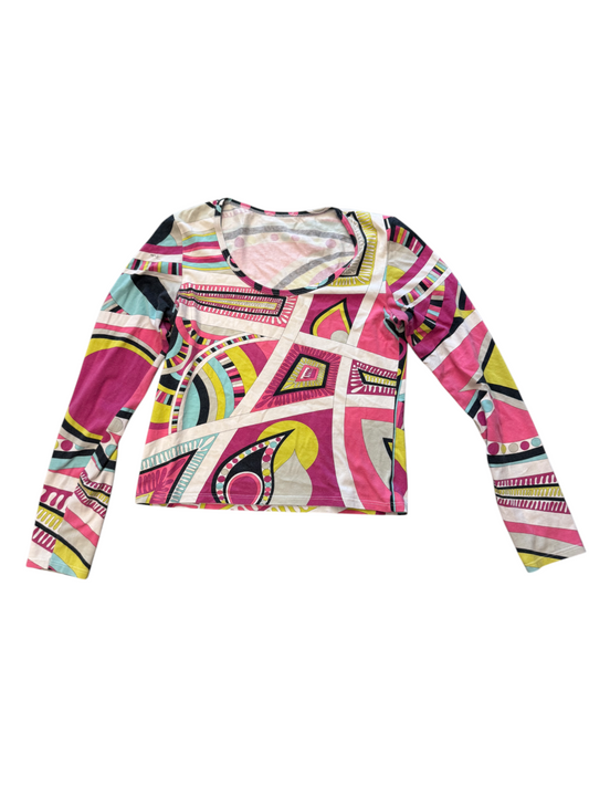 Colorful long-sleeve shirt with abstract pattern on a white background