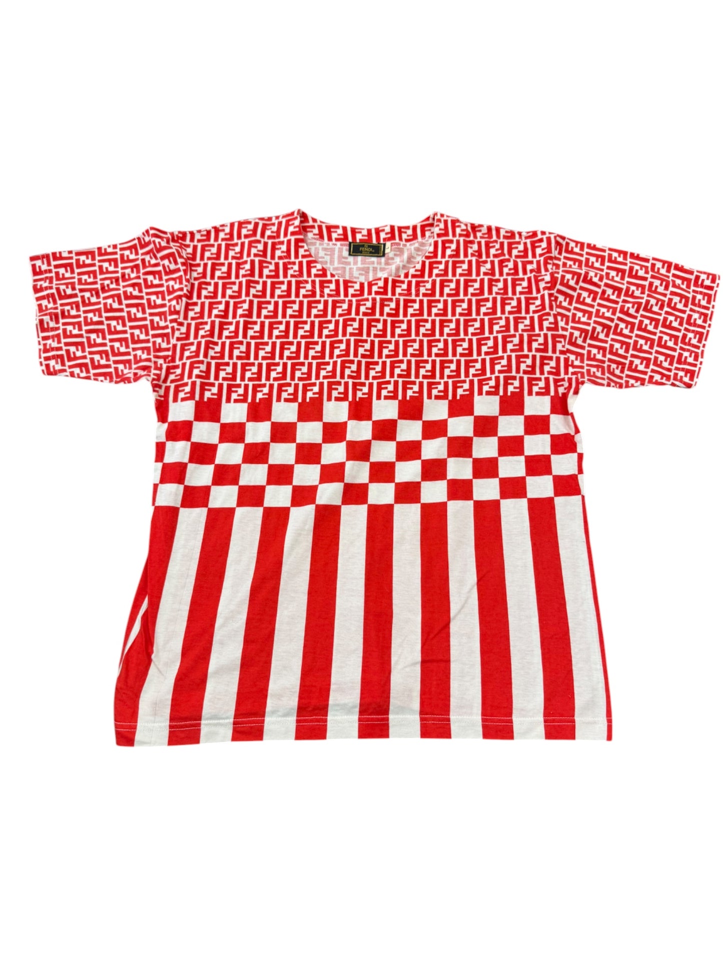 Vintage Fendi FF Monogram Tee – Red & White Optical Print