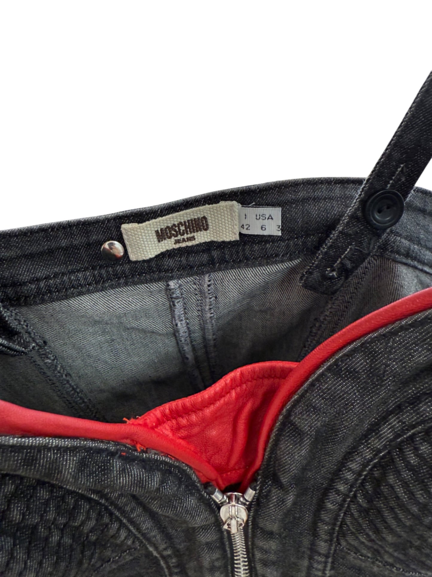 Moschino Red Leather Trim Denim Moto Dress