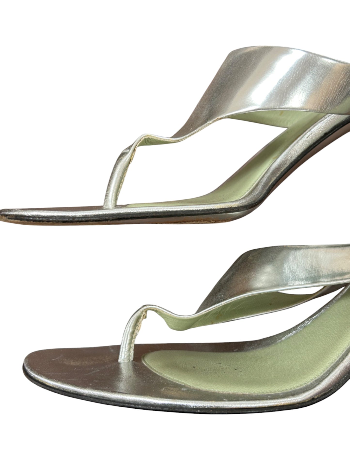 Prada Metallic Silver Kitten Heel Thong Sandals