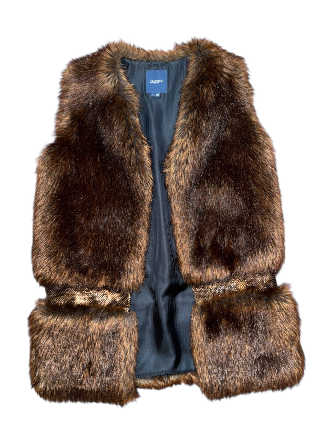 Gryphon New York Faux Fur “Pretender” Vest — Brown and Gold Jacket Medium Brown