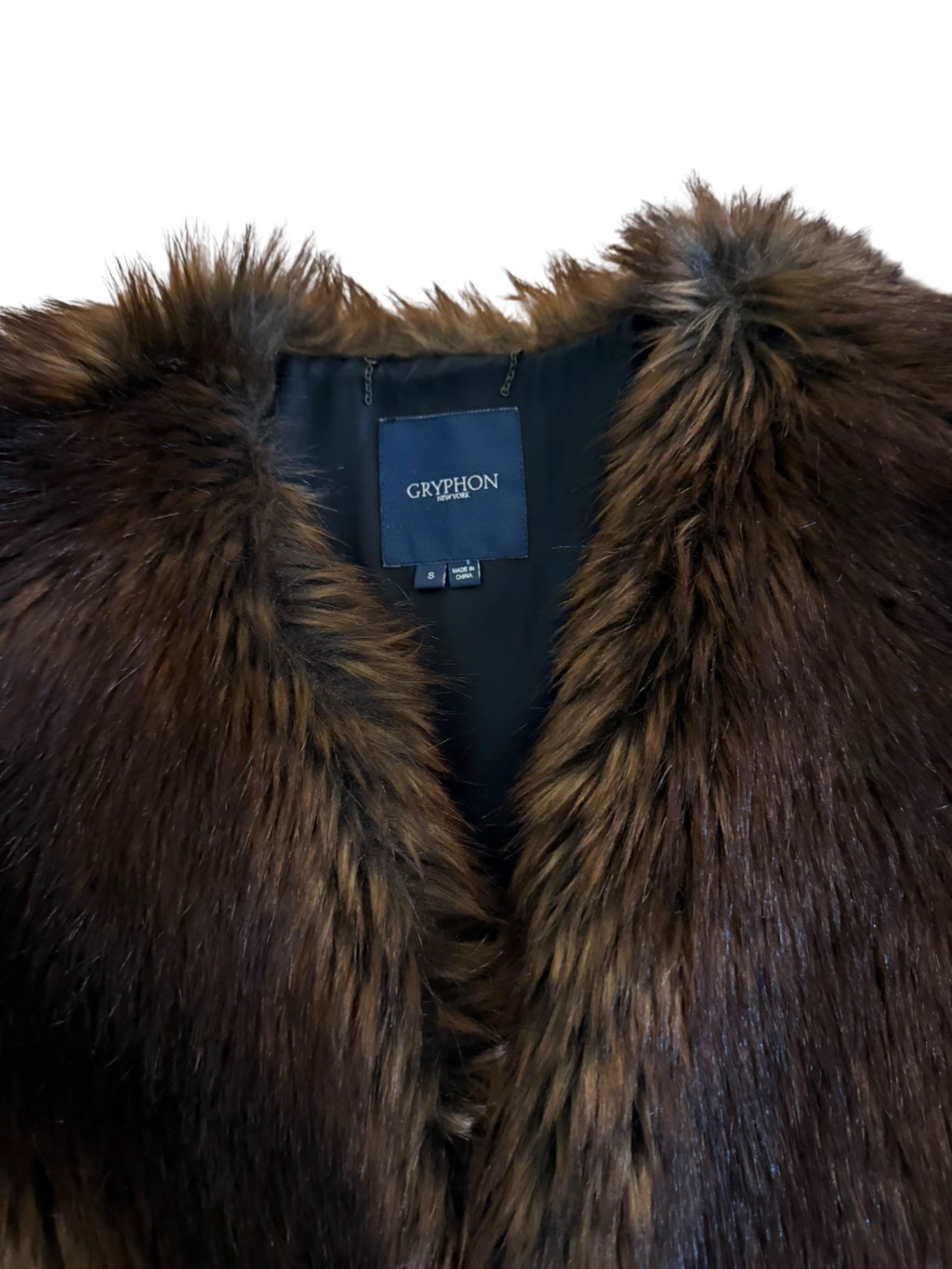 Gryphon New York Faux Fur “Pretender” Vest — Brown and Gold Jacket Medium Brown