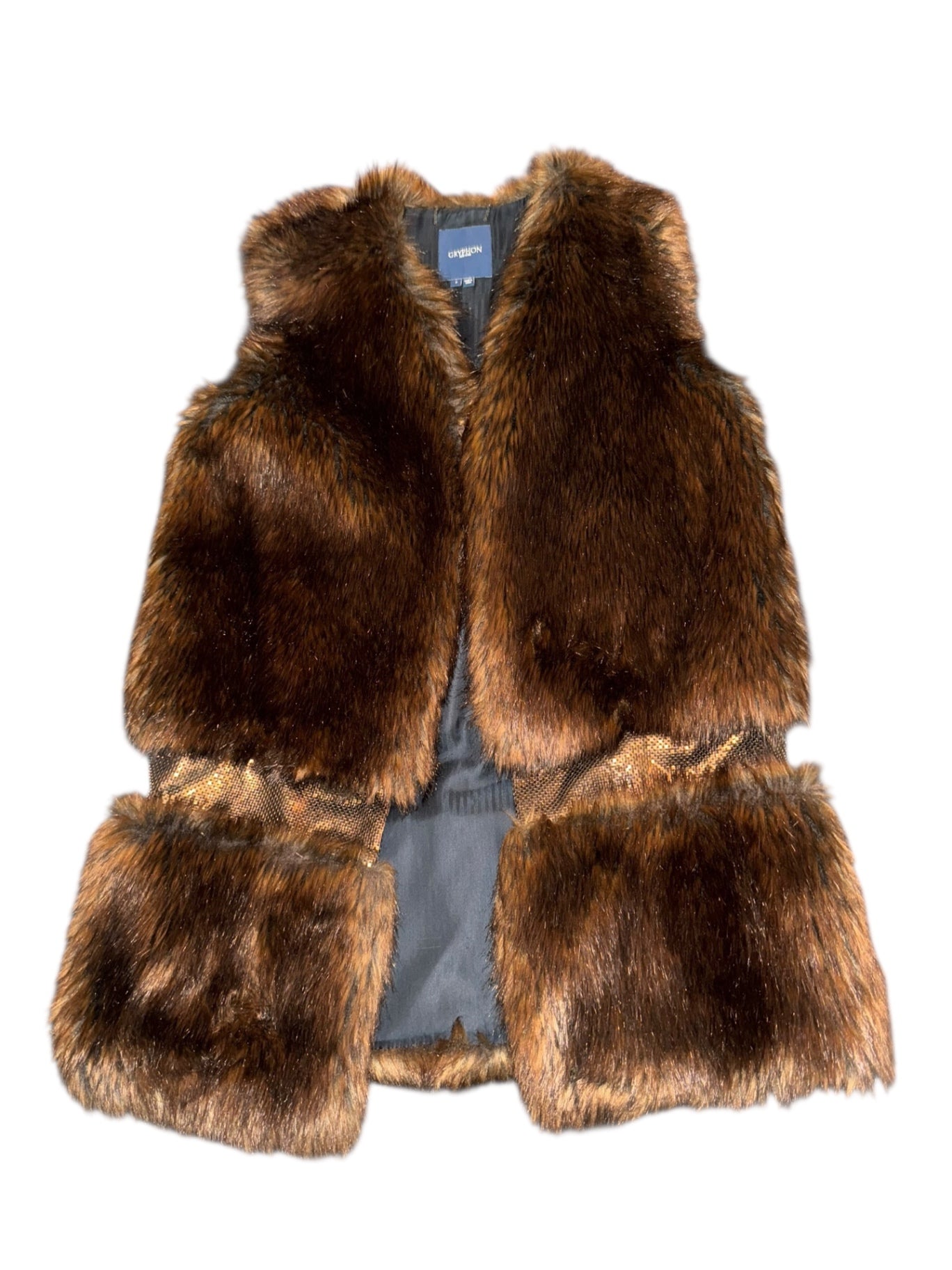 Gryphon New York Faux Fur “Pretender” Vest — Brown and Gold Jacket Medium Brown