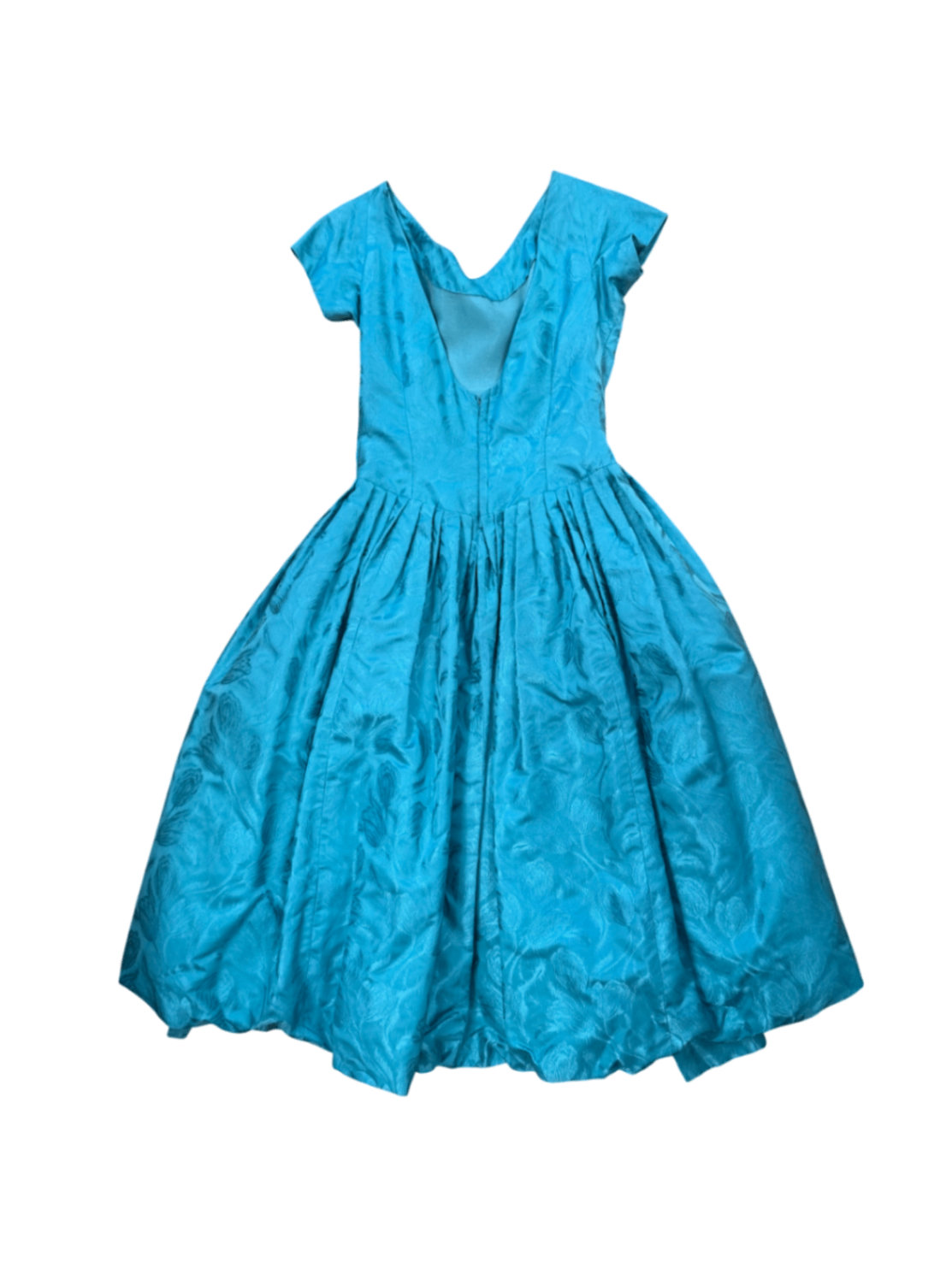 1950s Bullock’s Westwood Teal Jacquard Cocktail Dress