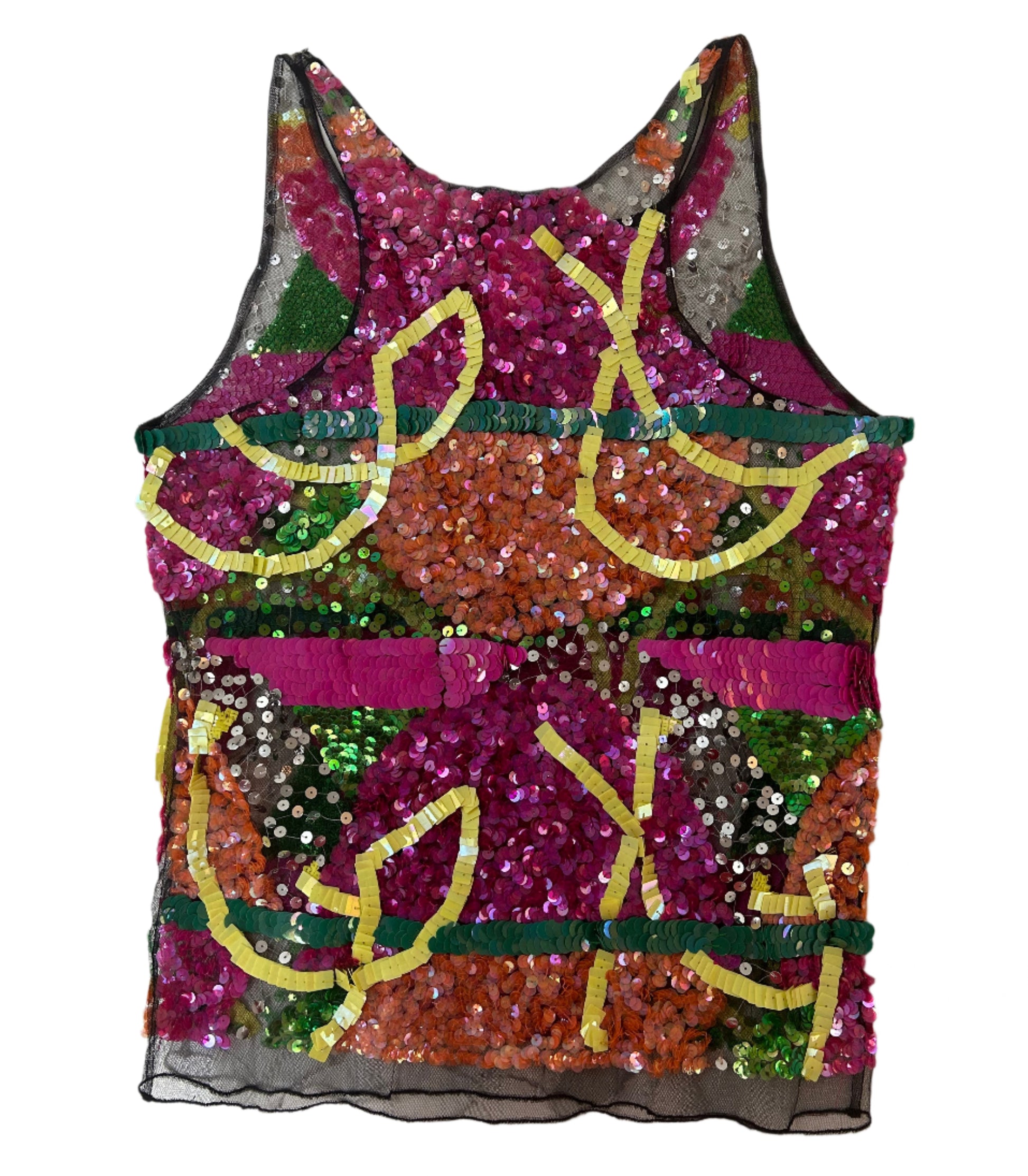 Back view of a Christian Lacroix sleeveless top featuring a striking, multicolored sequin design. The intricate embellishments create an abstract pattern of vibrant pinks, greens, oranges, and yellows, set against a sheer black mesh base. The scoop neckline and fitted silhouette highlight its elegant yet playful aesthetic, while the craftsmanship reflects Lacroix’s signature opulent style. This top is a bold statement piece, ideal for special occasions or adding a touch of drama to an ensemble.