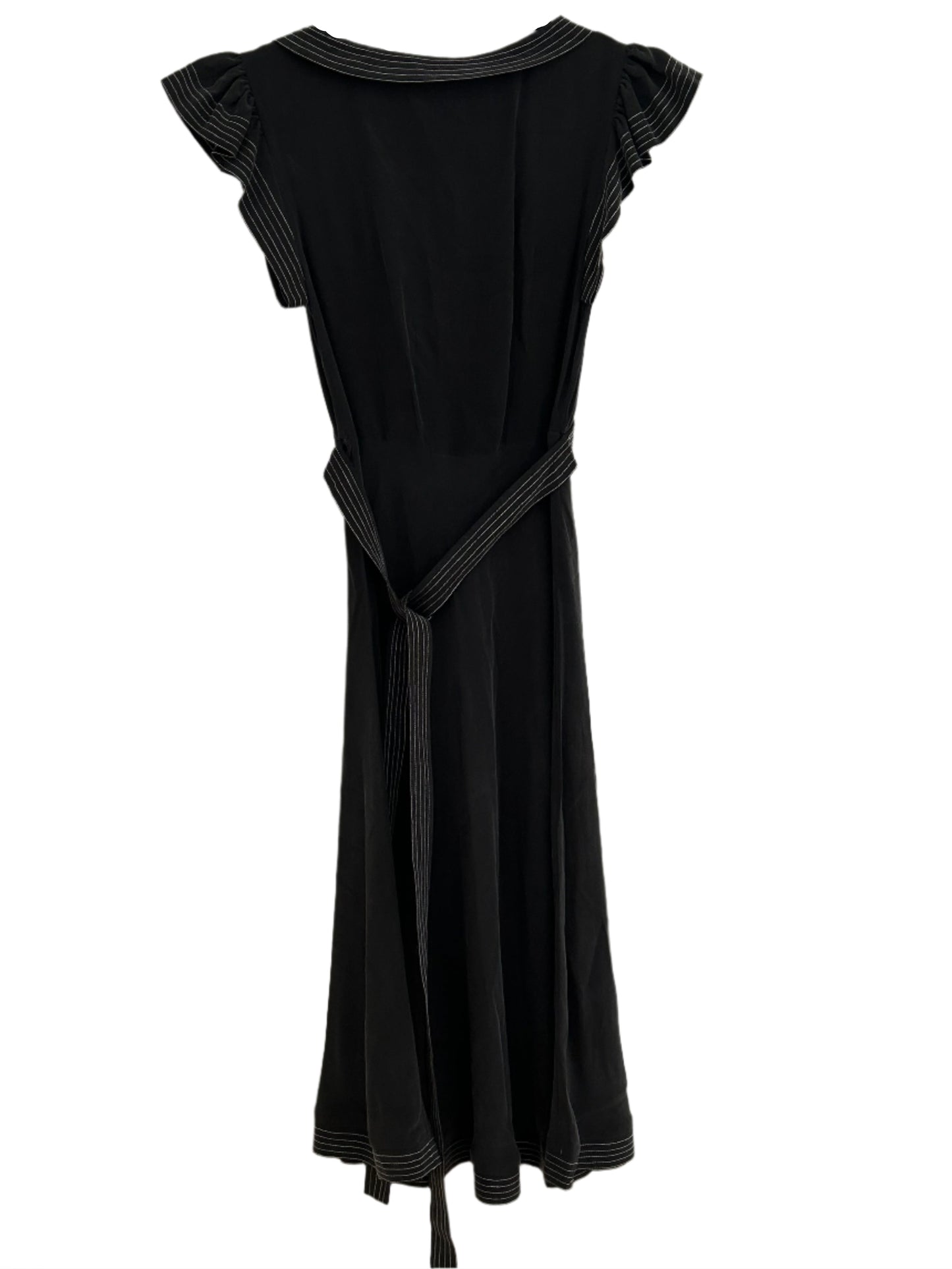 Back view of a vintage Moschino Cheap and Chic black dress with short flutter sleeves, crisscrossing ribbon details on the bodice, and a large floral applique on the left shoulder. The dress appears to have a fitted silhouette and a midi-length hem. 