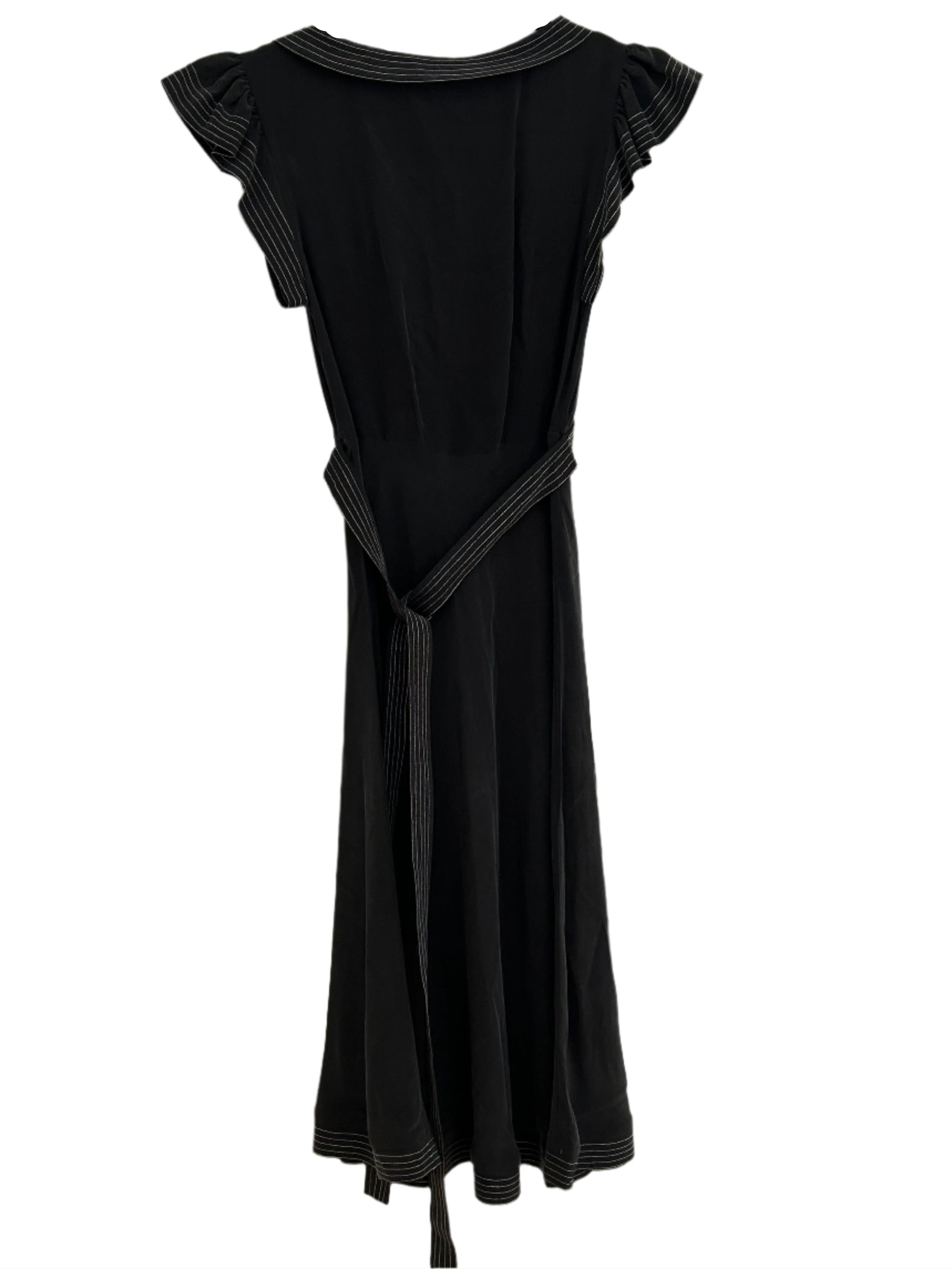 Back view of a vintage Moschino Cheap and Chic black dress with short flutter sleeves, crisscrossing ribbon details on the bodice, and a large floral applique on the left shoulder. The dress appears to have a fitted silhouette and a midi-length hem. 