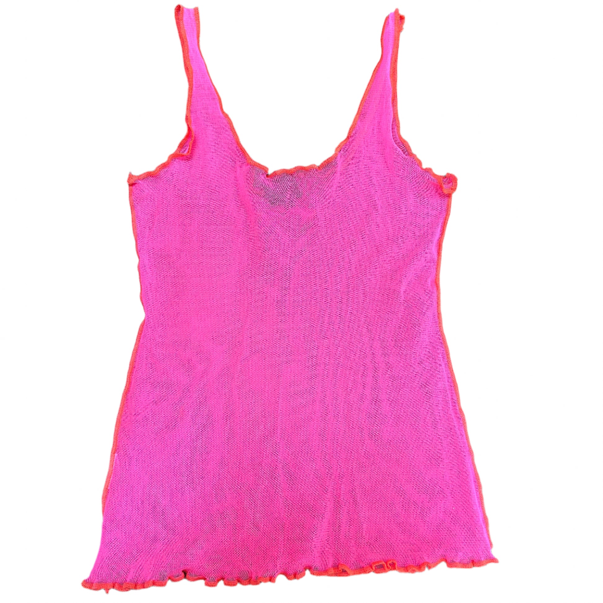Full view of a 1990s Jean Paul Gaultier mesh tank top in bright pink with orange trim, featuring a sheer, lightweight design and ruffled edges. A statement piece reflecting the bold and innovative style of the iconic designer.