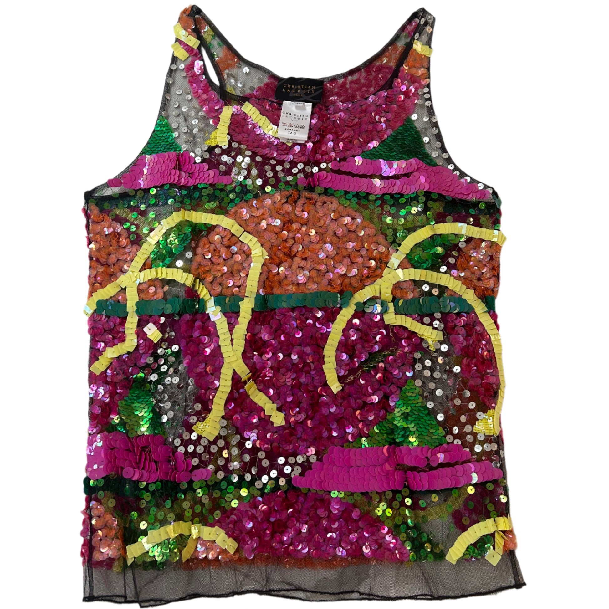 Front view of a Christian Lacroix sleeveless top featuring a striking, multicolored sequin design. The intricate embellishments create an abstract pattern of vibrant pinks, greens, oranges, and yellows, set against a sheer black mesh base. The scoop neckline and fitted silhouette highlight its elegant yet playful aesthetic, while the craftsmanship reflects Lacroix’s signature opulent style. This top is a bold statement piece, ideal for special occasions or adding a touch of drama to an ensemble.