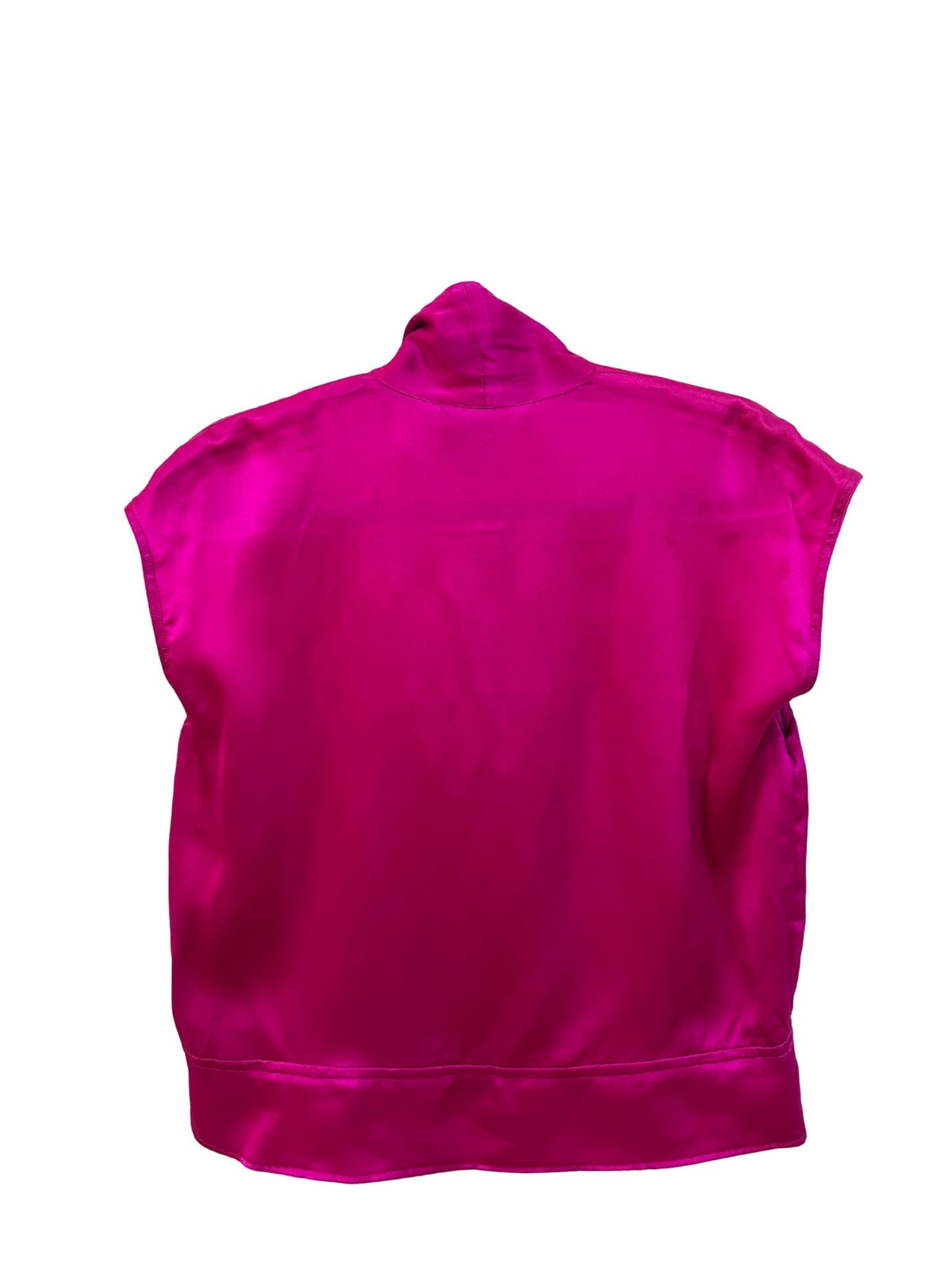 A view of the back of a luxurious fuchsia silk blouse by Escada. The blouse features a smooth, shiny surface with a rich sheen. The design includes a high, draped collar that follows the neckline, and the fabric falls gracefully with a clean, simple hem. The short cap sleeves are subtly visible, and the blouse has a relaxed fit, gently skimming the body.
