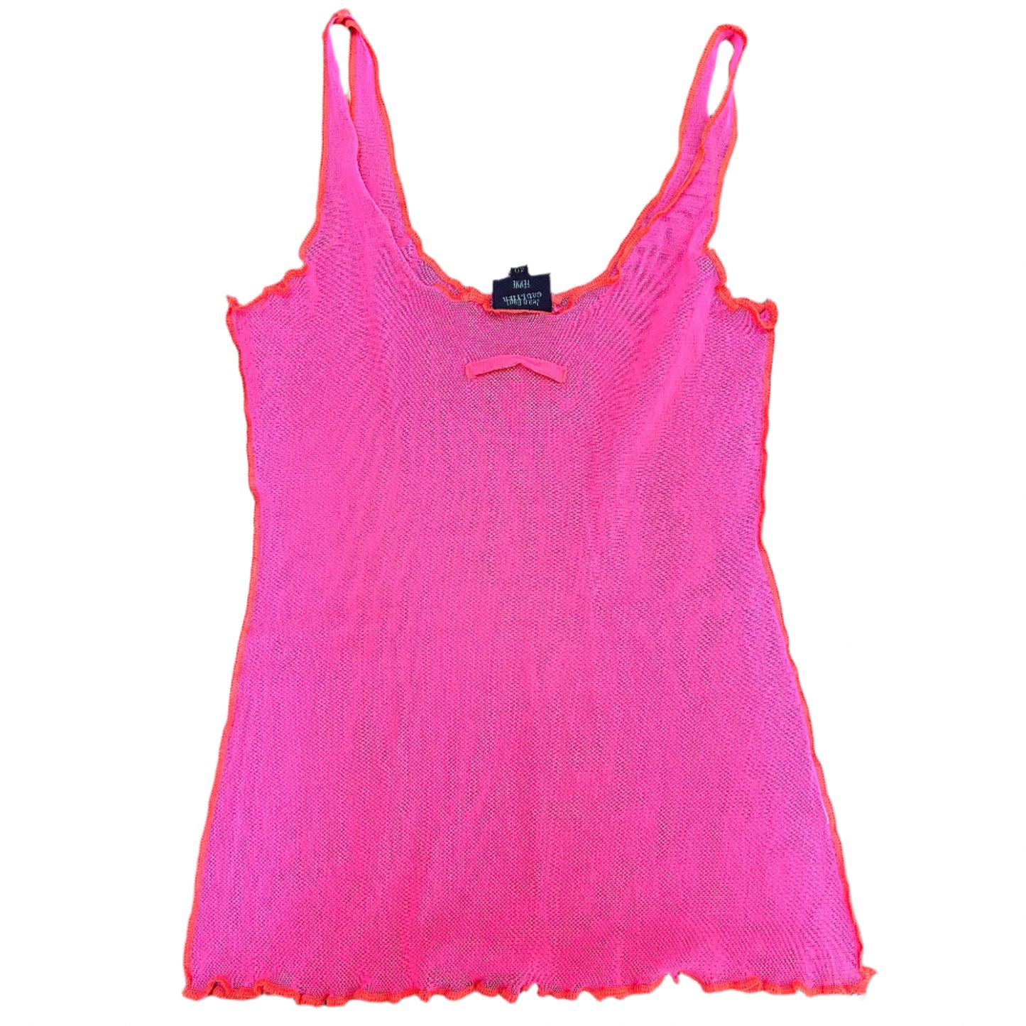 Front view of a 1990s Jean Paul Gaultier mesh tank top in vibrant pink with orange trim and a small bow detail. Featuring ruffled edges and a sheer design, this piece embodies the playful and innovative style of the iconic designer.