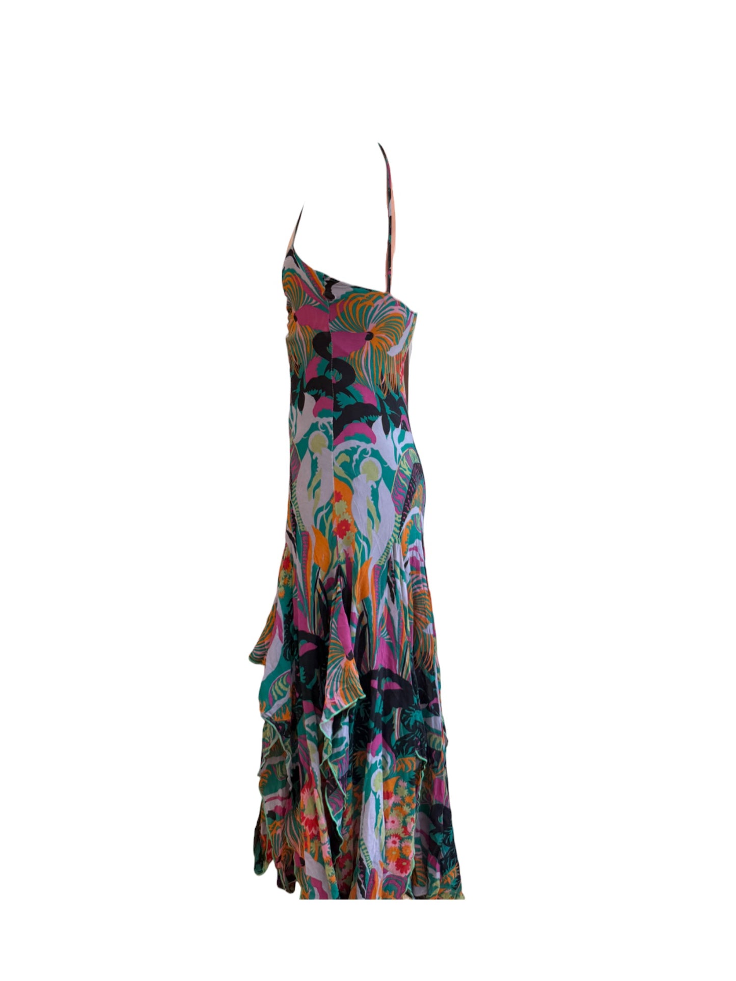 Roccobarocco O-Ring Tropical Ruffle Silk Dress