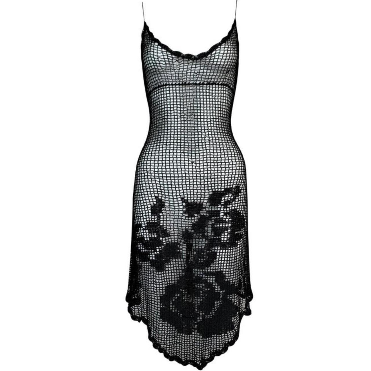 Front image of the Rare Vintage F/W 1997 Dolce & Gabbana Runway Sheer Black Knit Dress. showing the incredible mood, design and intricacy of the time.  