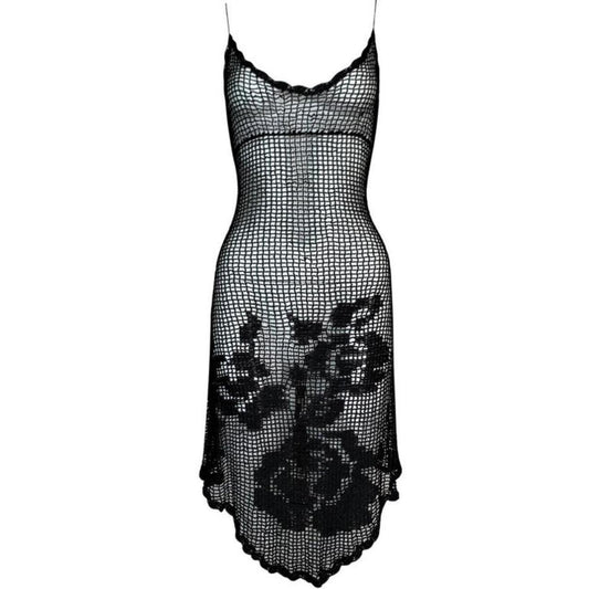 Front image of the Rare Vintage F/W 1997 Dolce & Gabbana Runway Sheer Black Knit Dress. showing the incredible mood, design and intricacy of the time.  