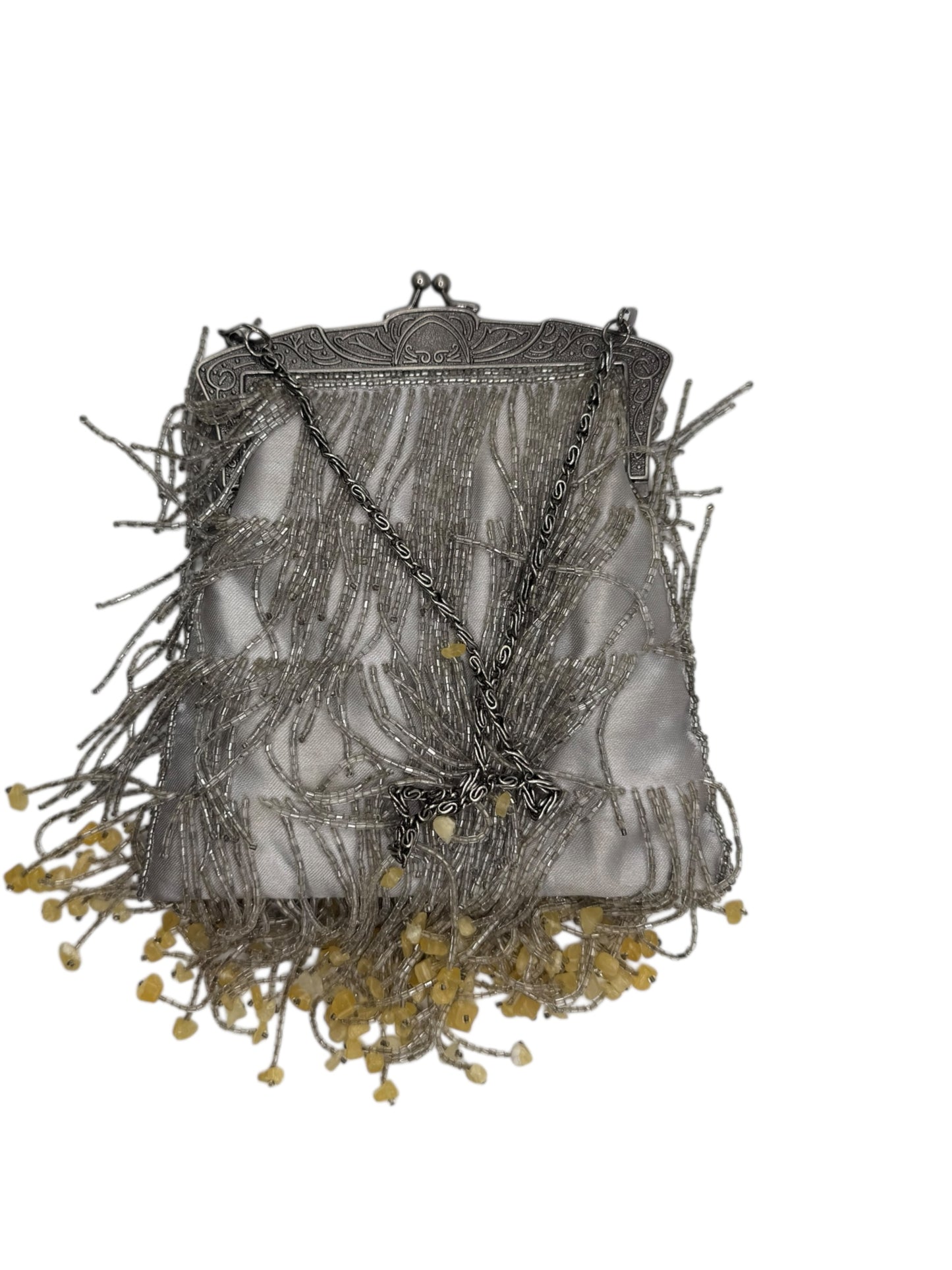1930s Silver Beaded Art Deco Evening Bag with Carved Frame