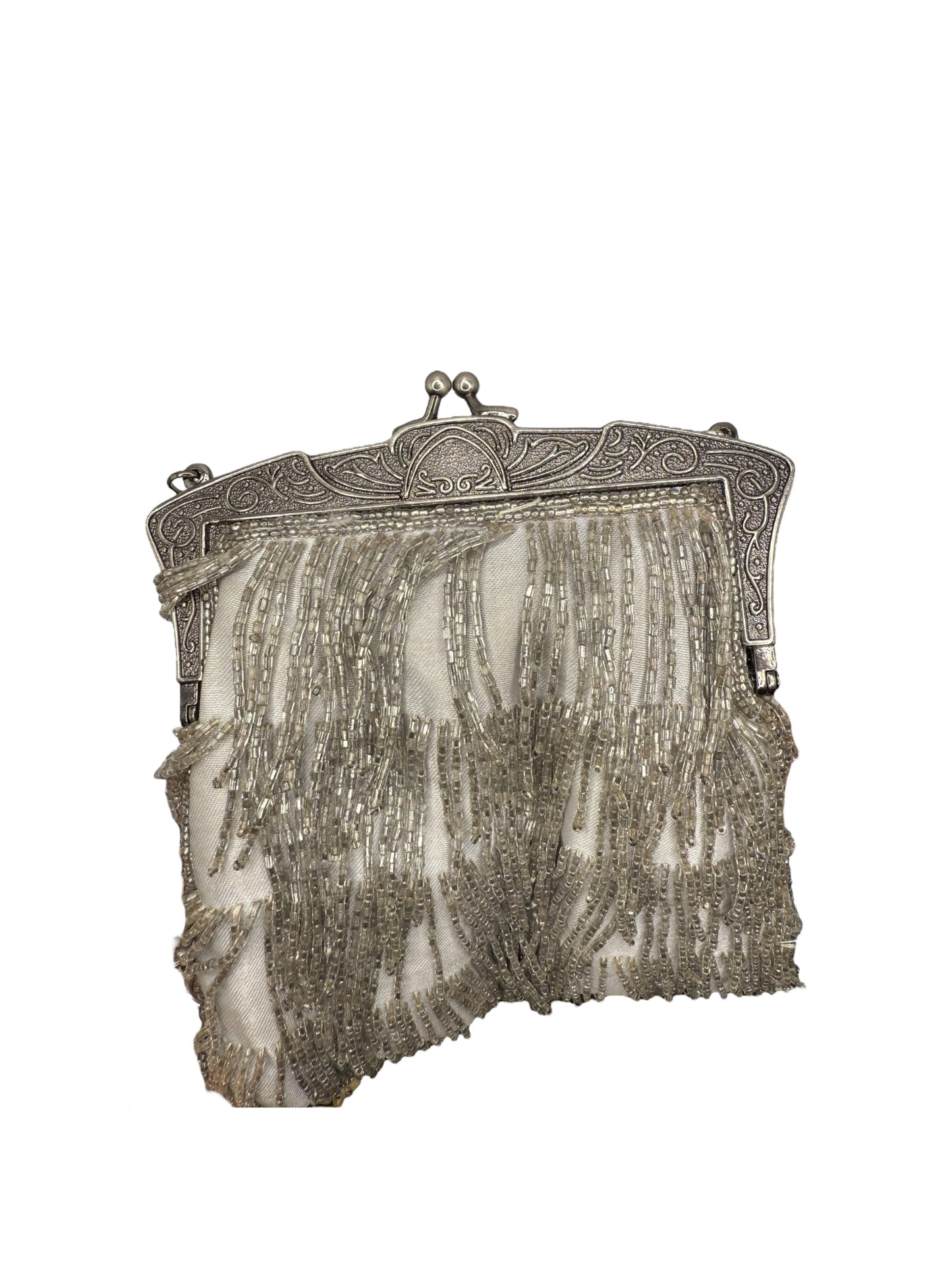 1930s Silver Beaded Art Deco Evening Bag with Carved Frame