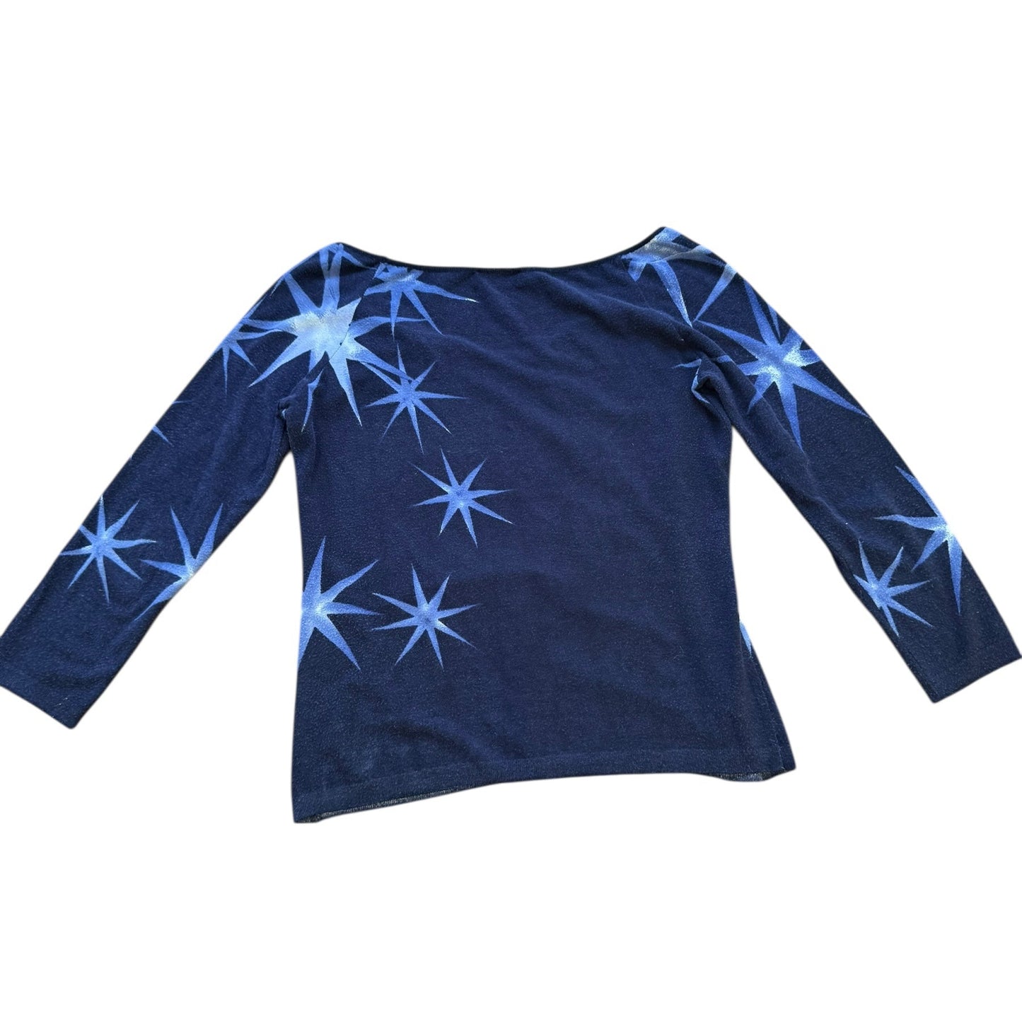 Navy blue top with blue star patterns on a white background
