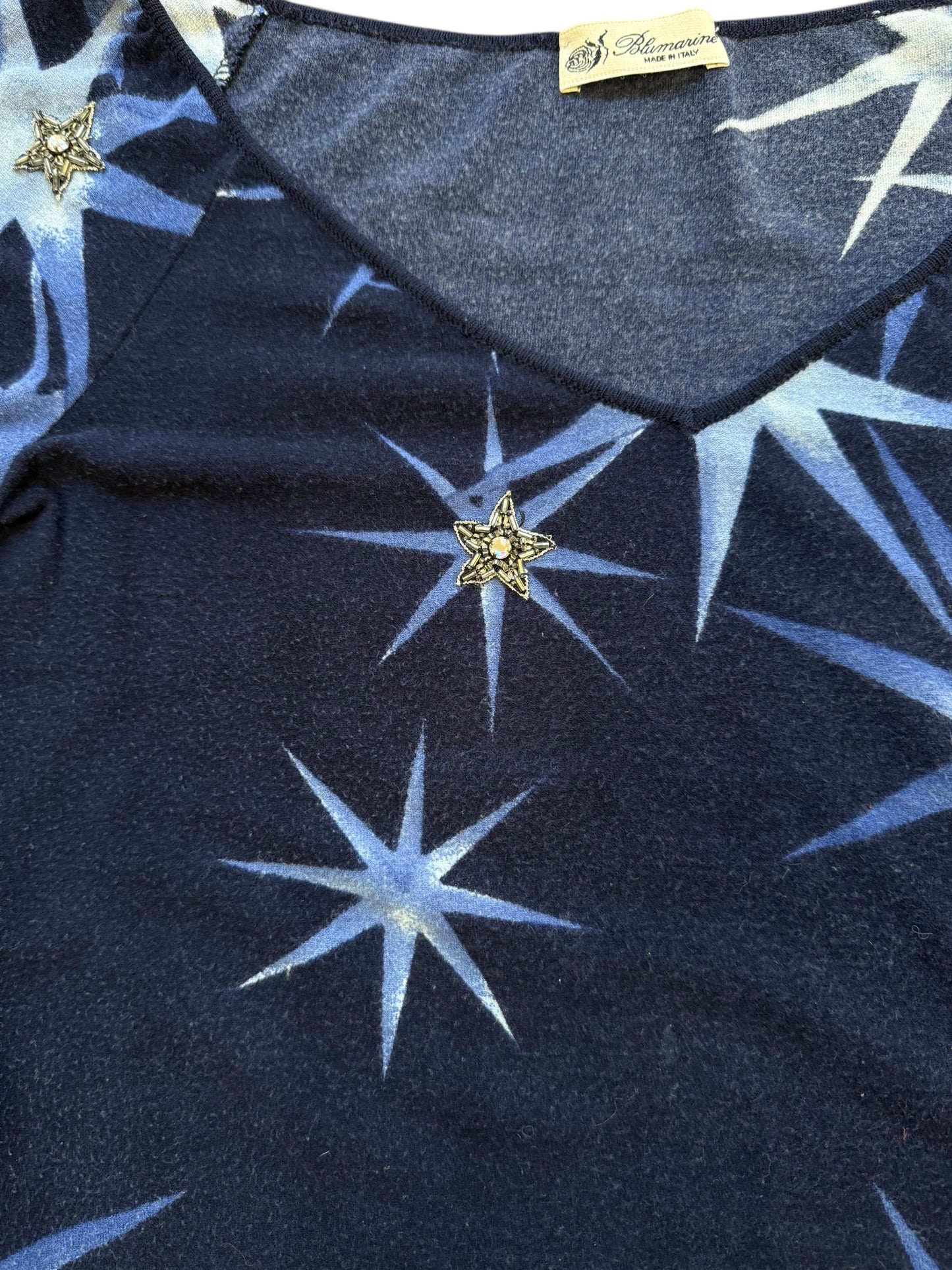 Navy blue fabric with white starburst patterns and gold accents