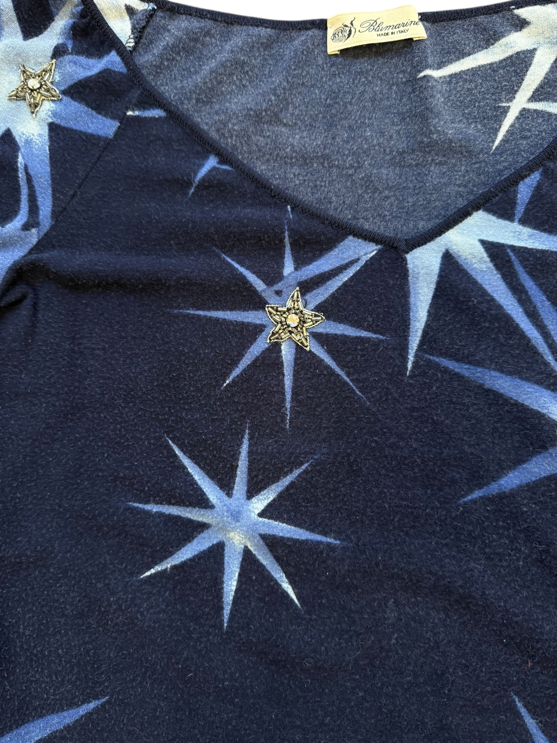 Navy blue fabric with white starburst patterns and gold accents