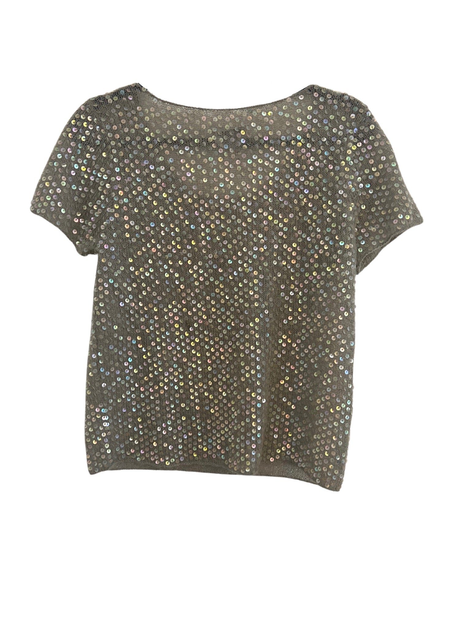 A Moschino sequin twin top displayed flat. The top is a gray knit garment fully covered with iridescent sequins that shimmer in different hues. It features a round neckline and short sleeves, with the sequins reflecting light across the entire surface, creating a dazzling effect.