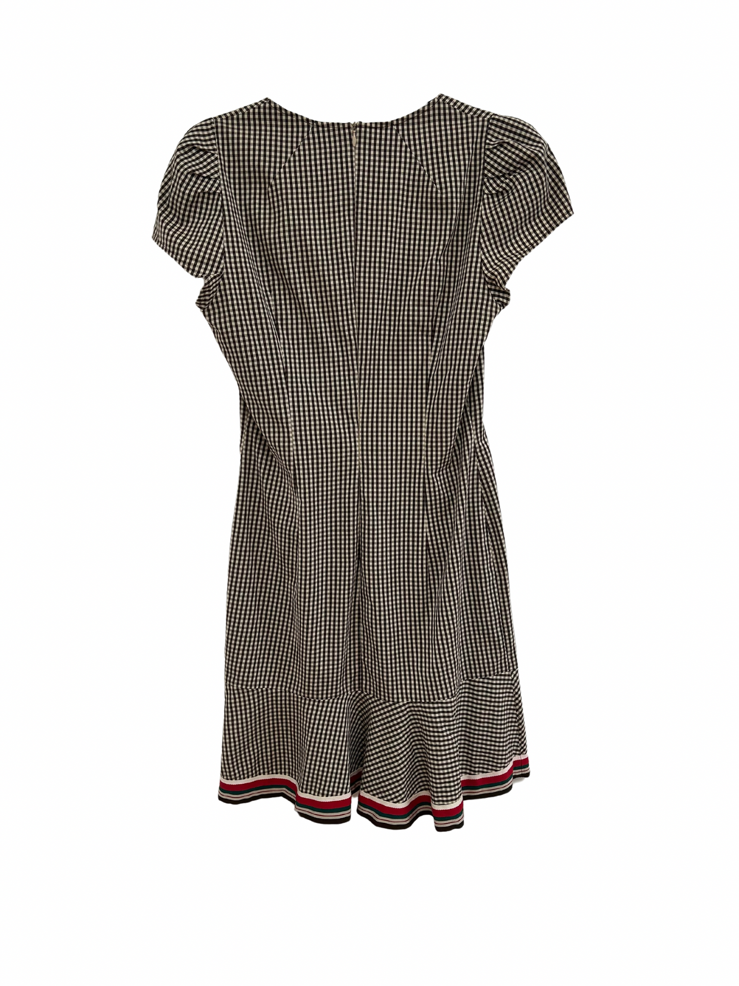 Back Product photo of an adorable A-line Moschino Cheap and Chic dress. Brown and White Gingham with a bottom embellishment of red white and navy ships. 