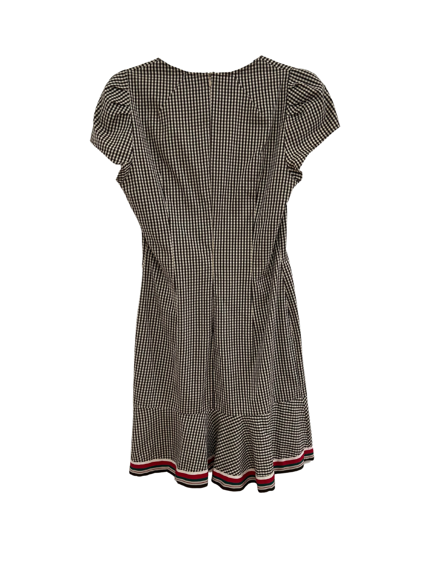Back Product photo of an adorable A-line Moschino Cheap and Chic dress. Brown and White Gingham with a bottom embellishment of red white and navy ships. 