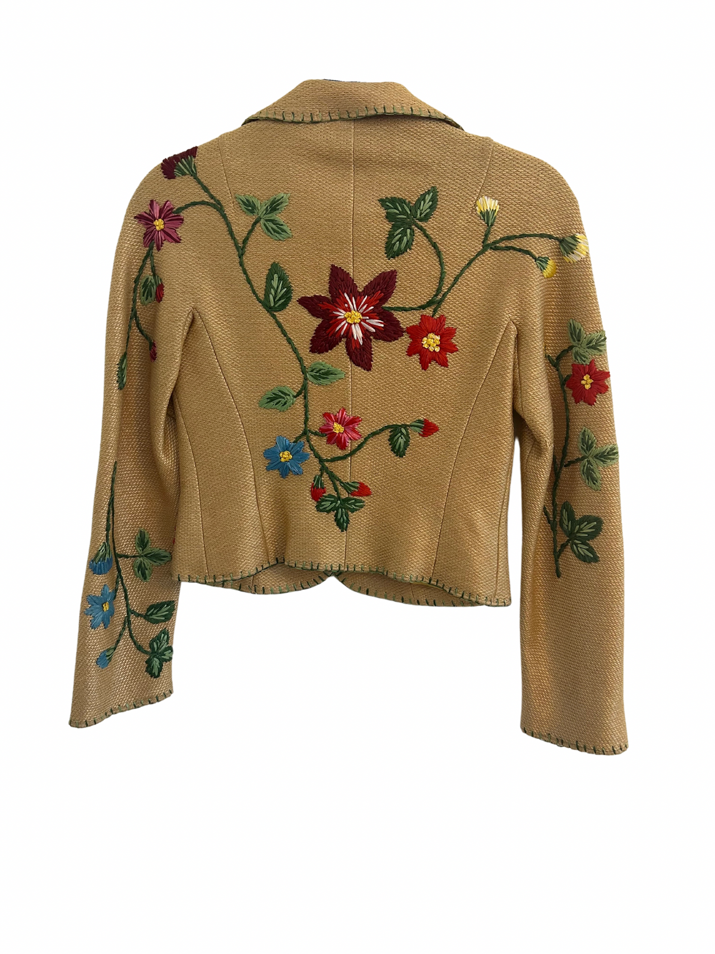 Back view of a Moschino tan woven straw blazer showcasing vibrant embroidered floral patterns in red, yellow, blue, and green. The tailored blazer features a slightly flared hem, darted seams, and a notched collar, highlighting intricate floral details that extend across the sleeves and back.