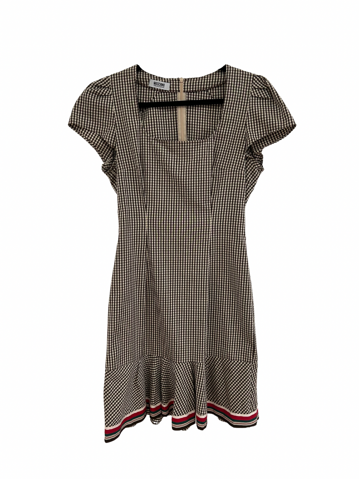 Front Product photo of an adorable A-line Moschino Cheap and Chic dress. Brown and White Gingham with a bottom embellishment of red white and navy ships. 