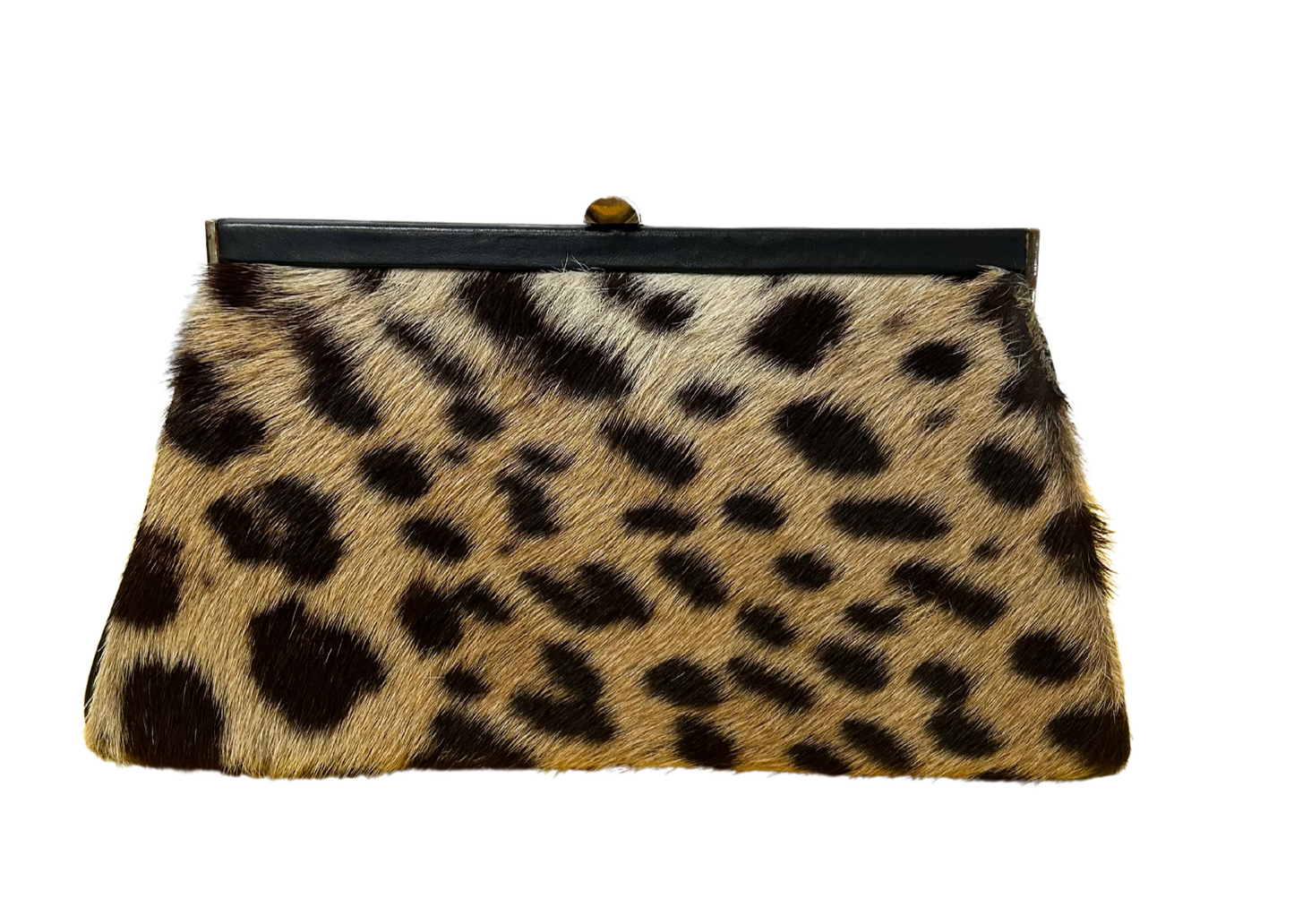 Photo of the outside of an amazing condition vintage Saks 5th Avenue Pony Hair Clutch Bag. 