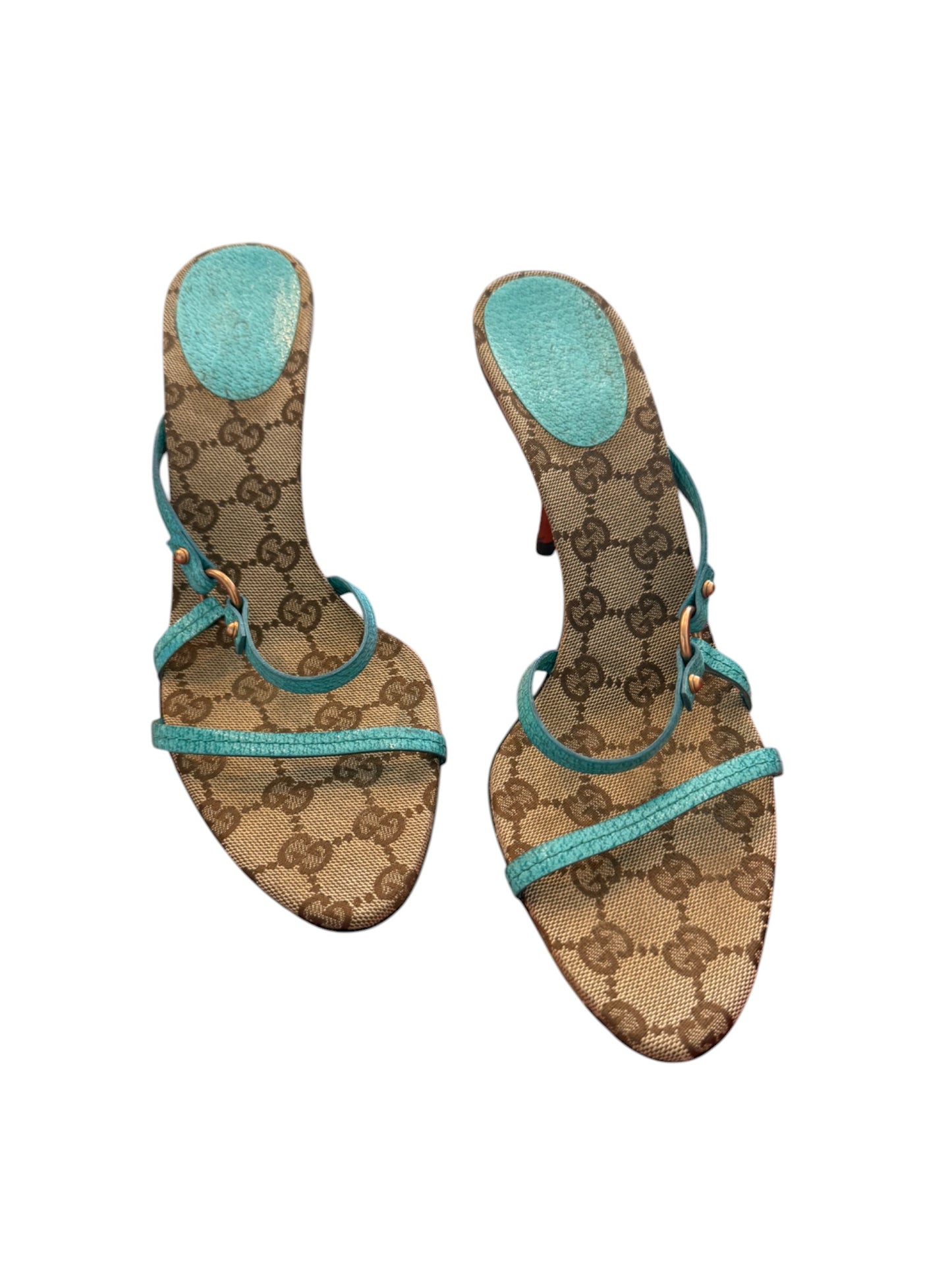 Gucci GG Canvas & Turquoise Leather Strappy Heels