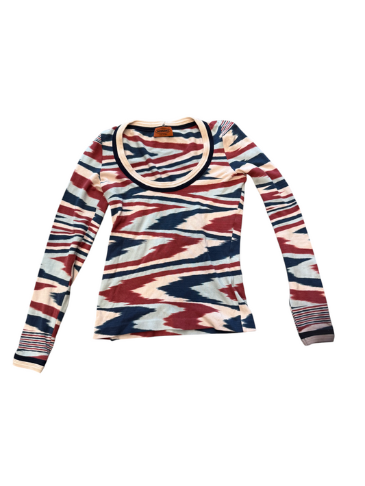 Long-sleeve shirt with a colorful geometric pattern on a white background
