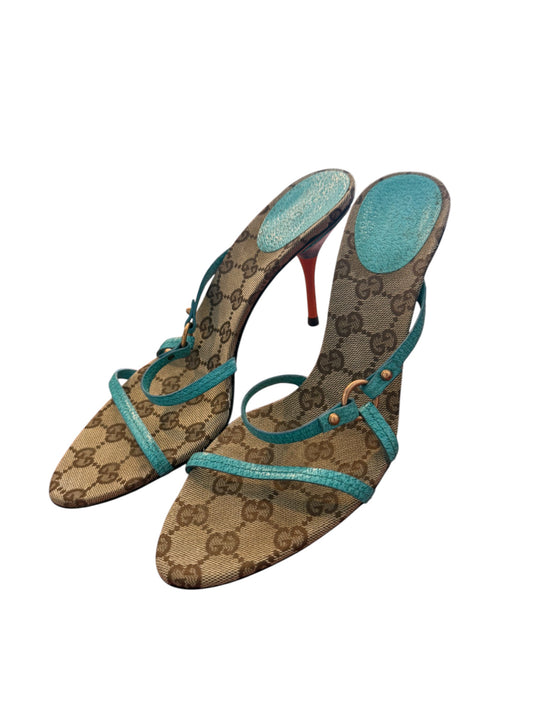 Gucci GG Canvas & Turquoise Leather Strappy Heels