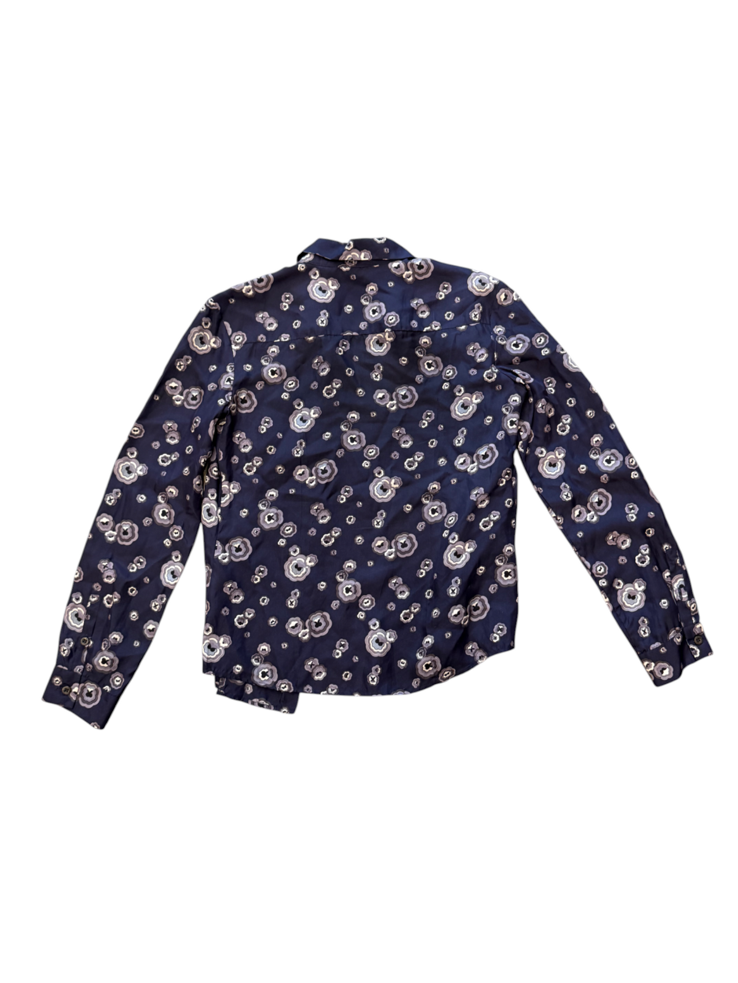 Navy blue shirt with white floral pattern on a white background