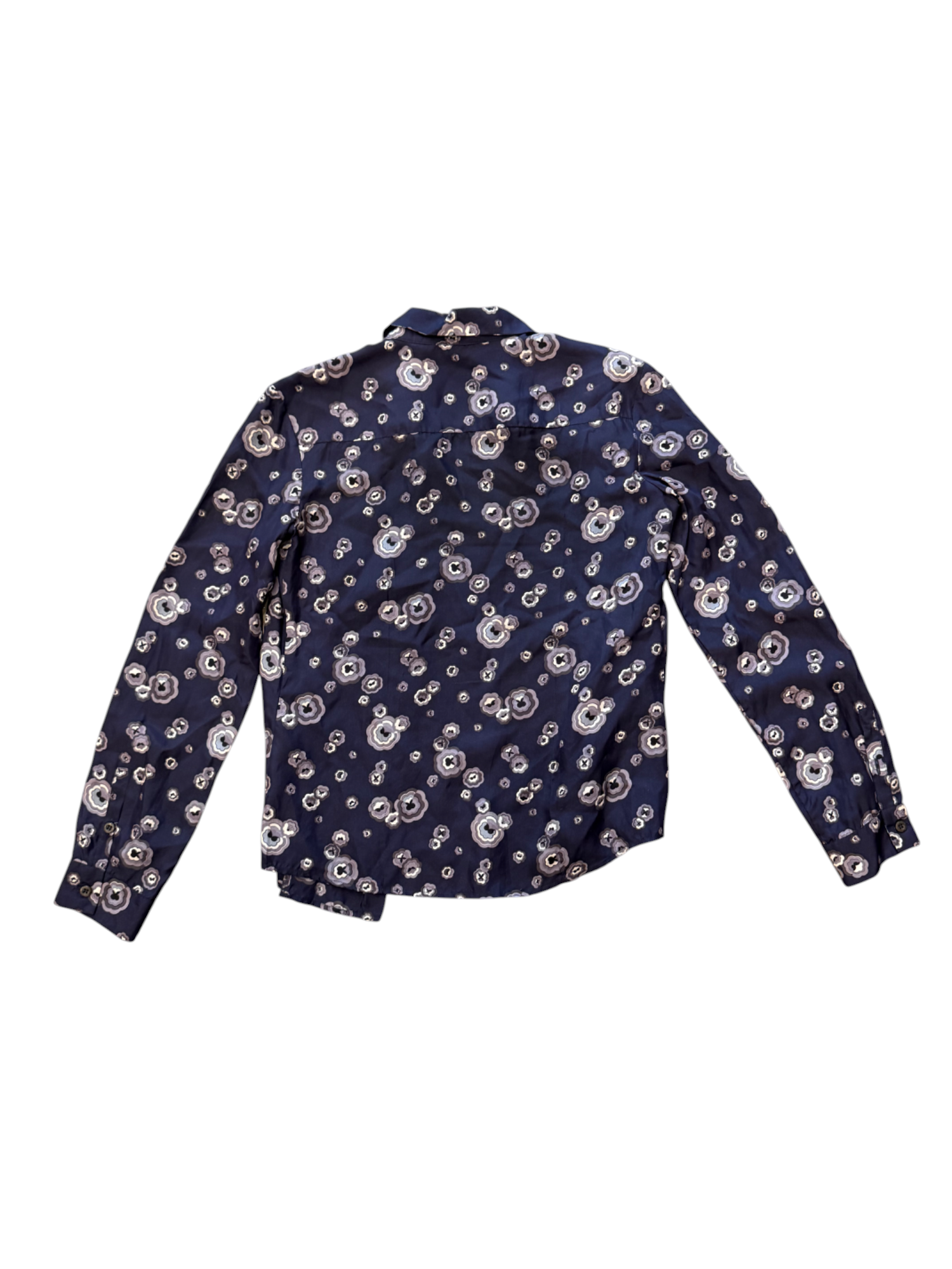 Navy blue shirt with white floral pattern on a white background