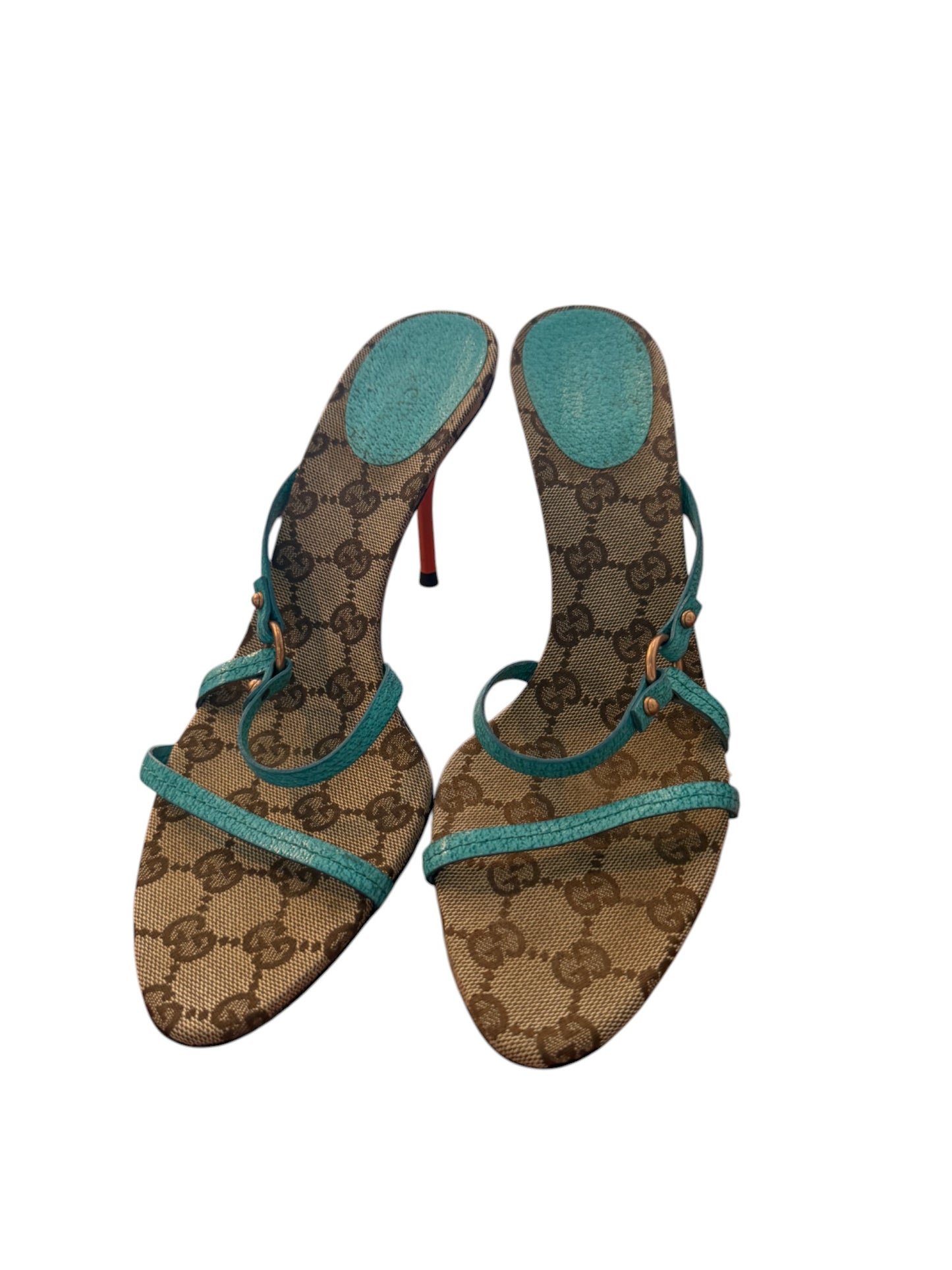 Gucci GG Canvas & Turquoise Leather Strappy Heels