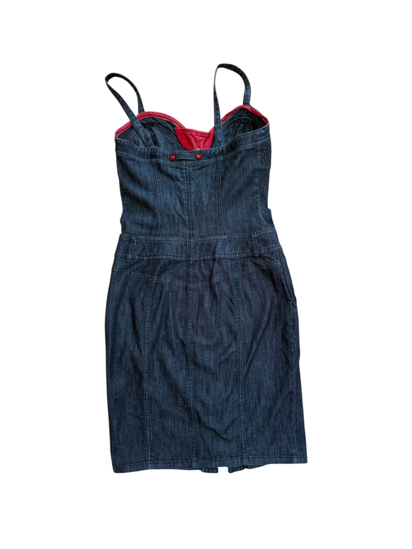Moschino Red Leather Trim Denim Moto Dress